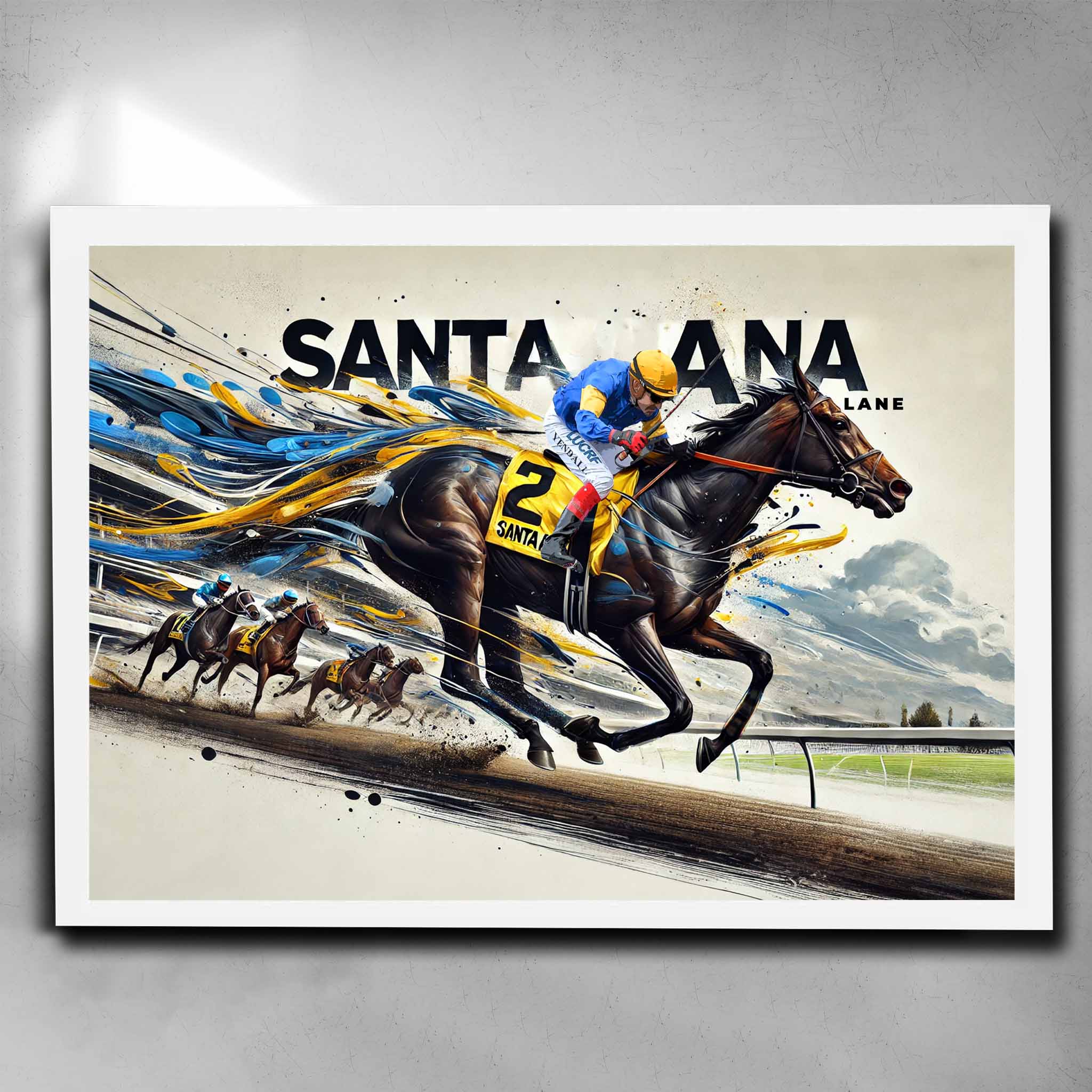 Santa Ana Lane Horse Racing Art in white frame - vibrant man cave decor for horse racing fans.