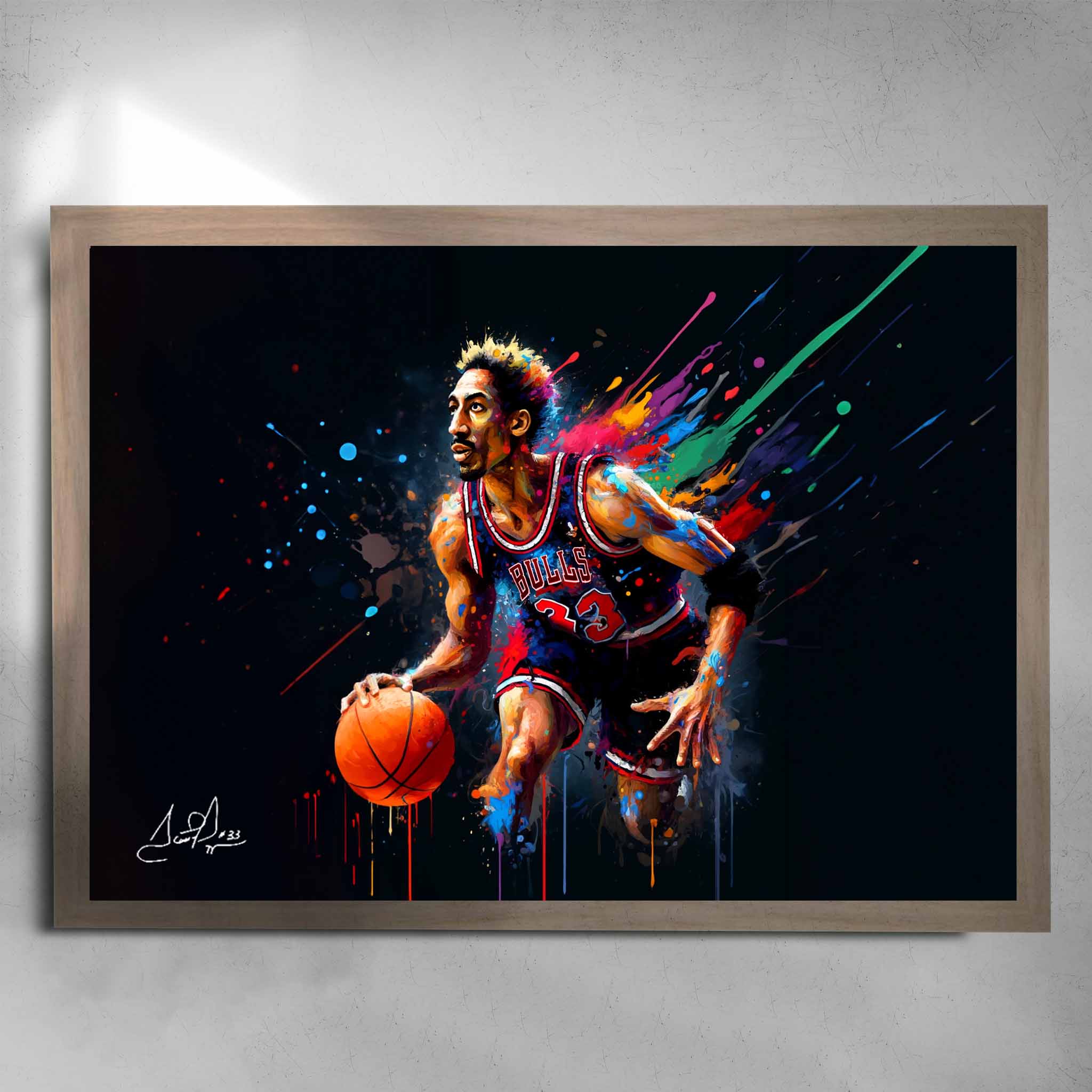 Oak framed NBA Basketball art by Sports Cave featuring Scotty Pippen from the Chicago Bulls.