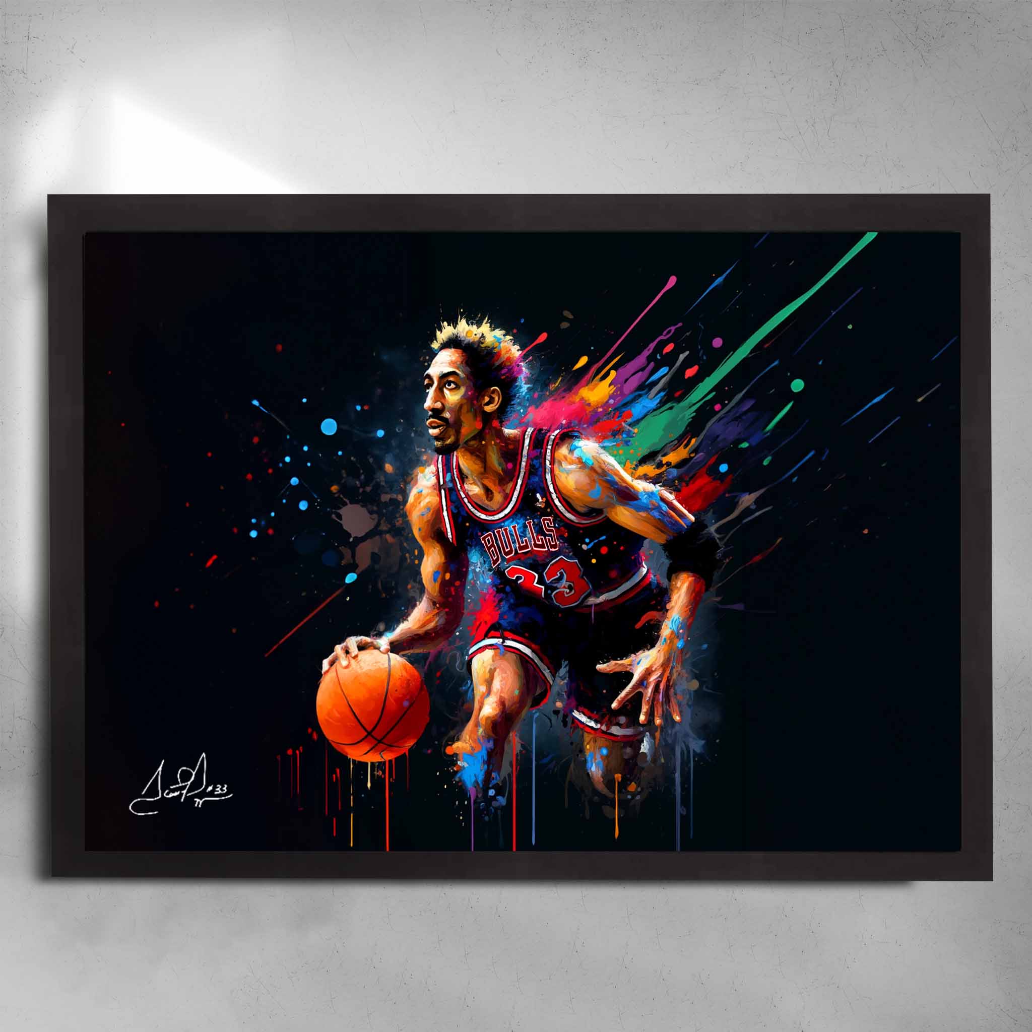 Black framed NBA Basketball art by Sports Cave featuring Scotty Pippen from the Chicago Bulls.