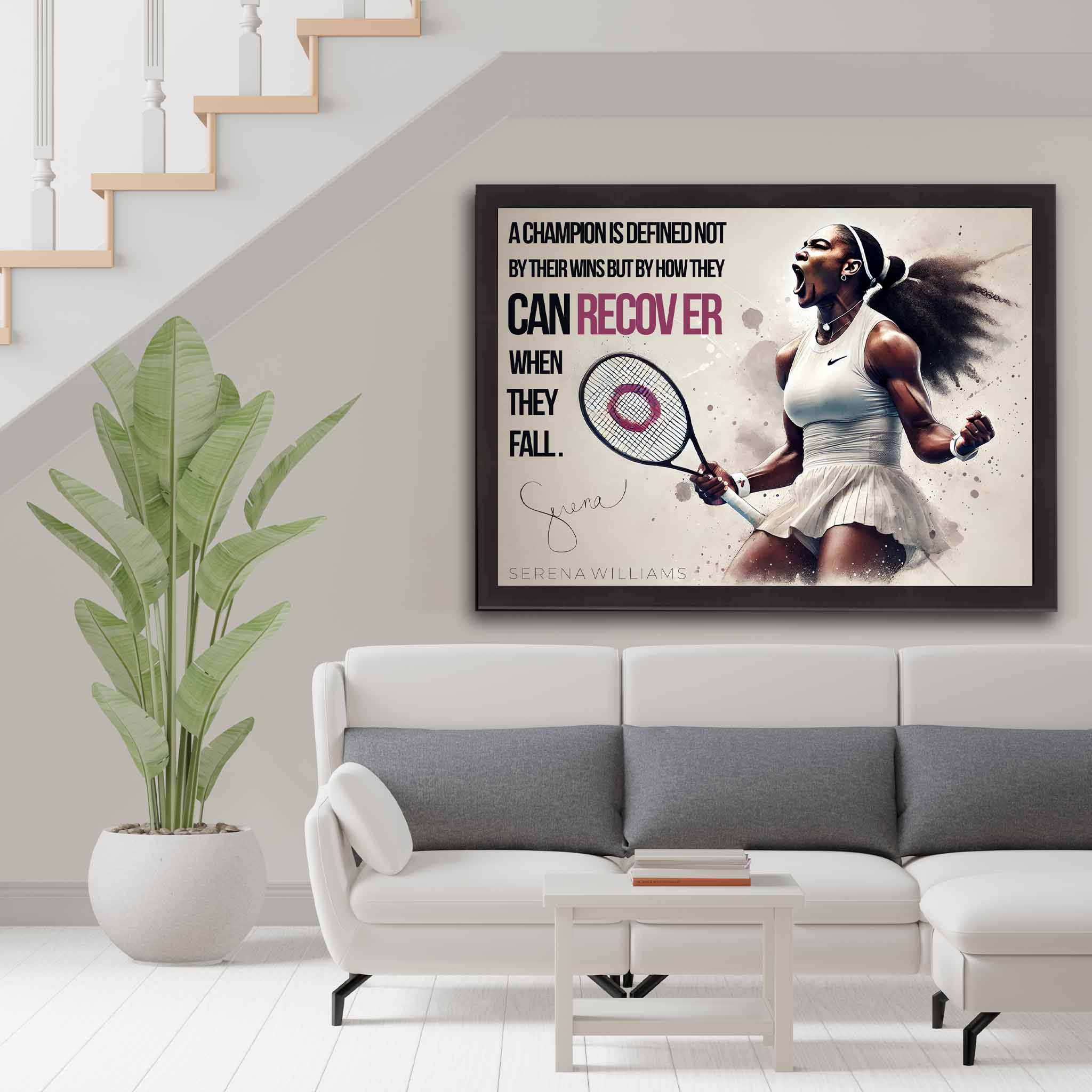 Devoted women's tennis fan's tribute: Serena Williams framed art proudly displayed on the wall.