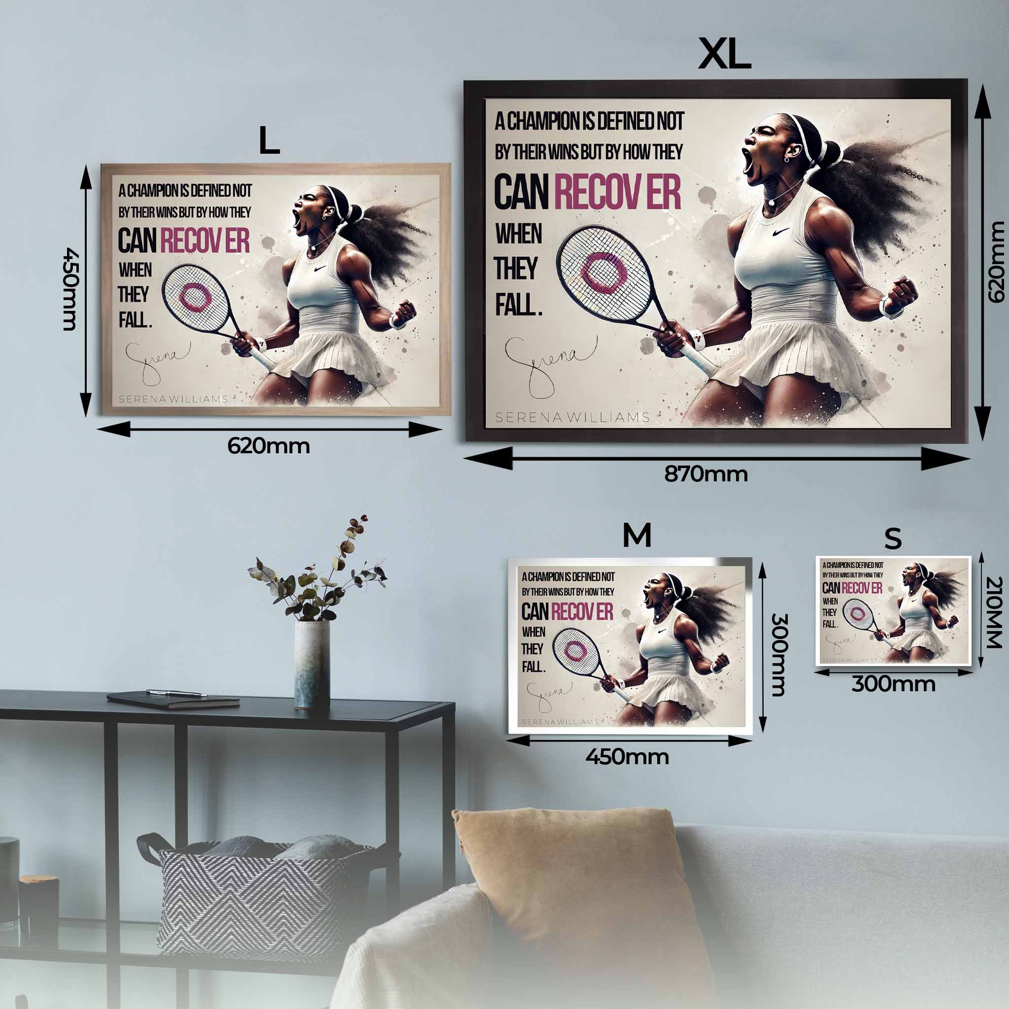 Serena Williams Framed Wall Art Sizing Guide.