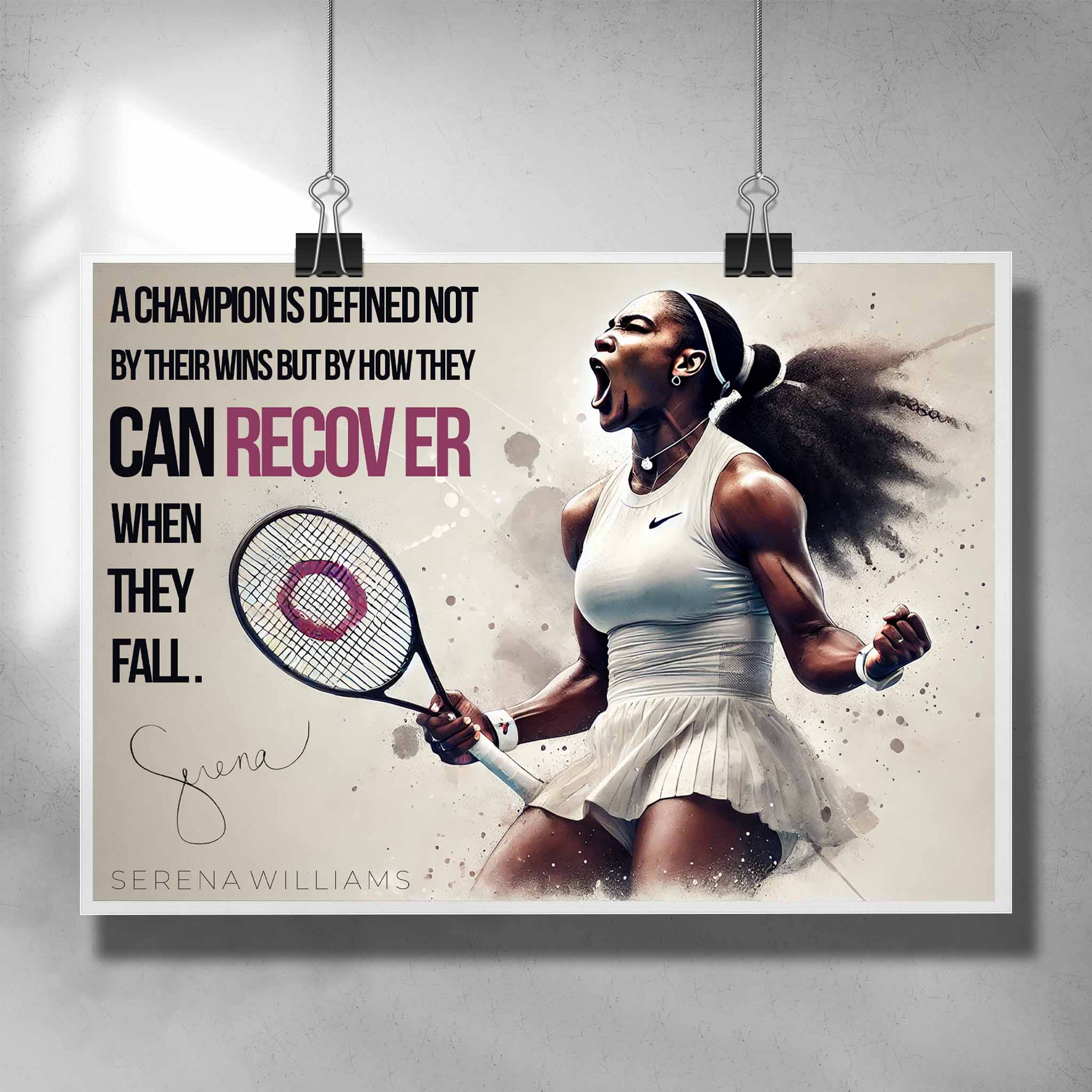 Motivational quote poster by Sports cave, featuring tennis legend Serena Williams.