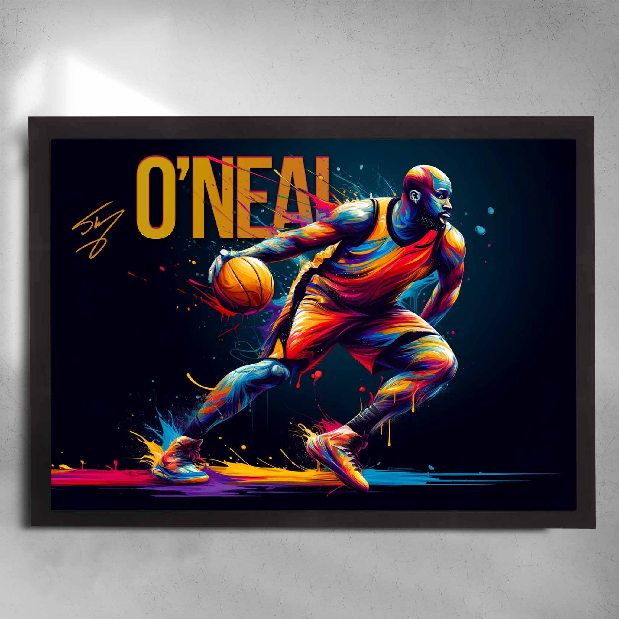 Black framed NBA art by Sports Cave, featuring Shaquille O'Neal from the LA Lakers.