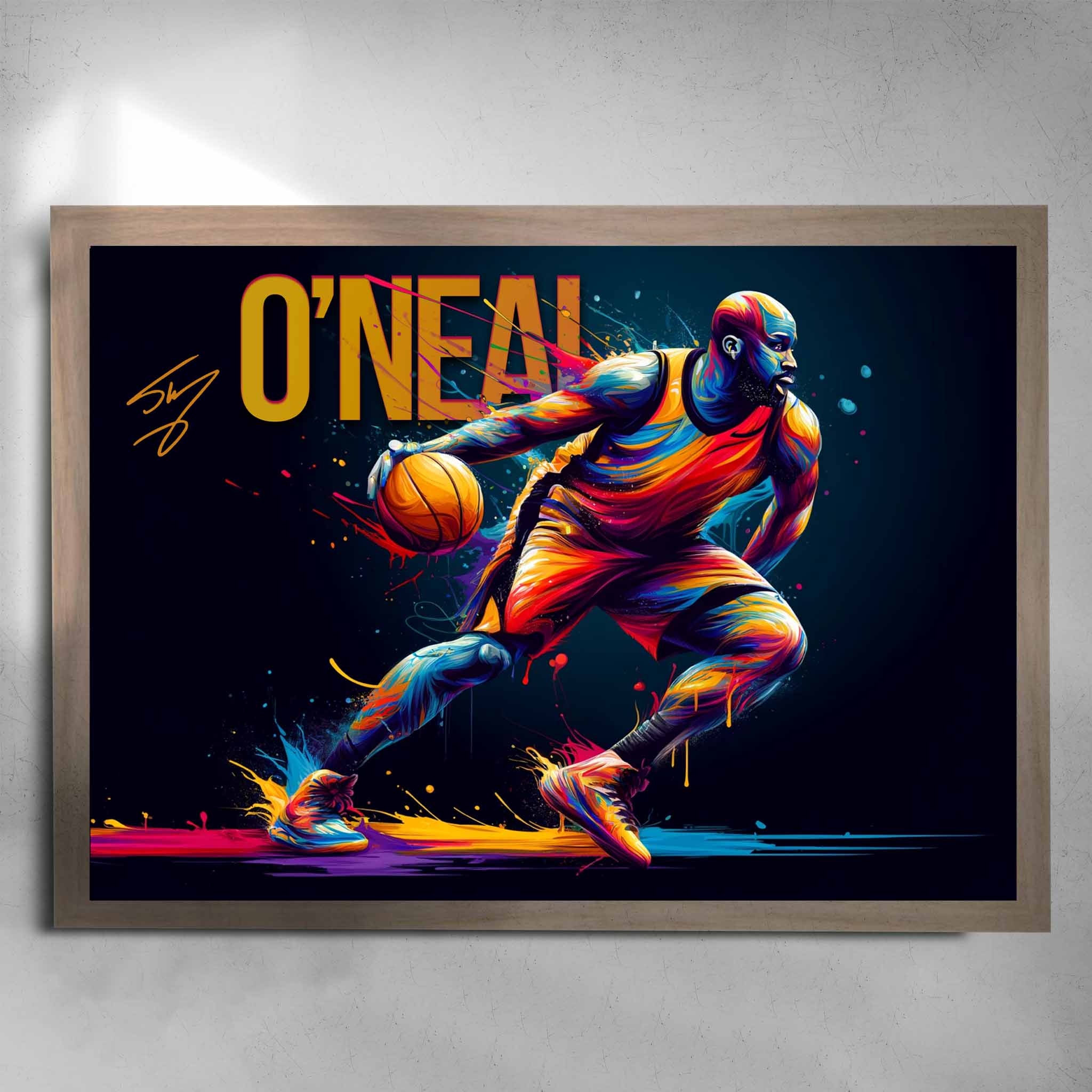 Oak framed NBA art by Sports Cave, featuring Shaquille O'Neal from the LA Lakers.