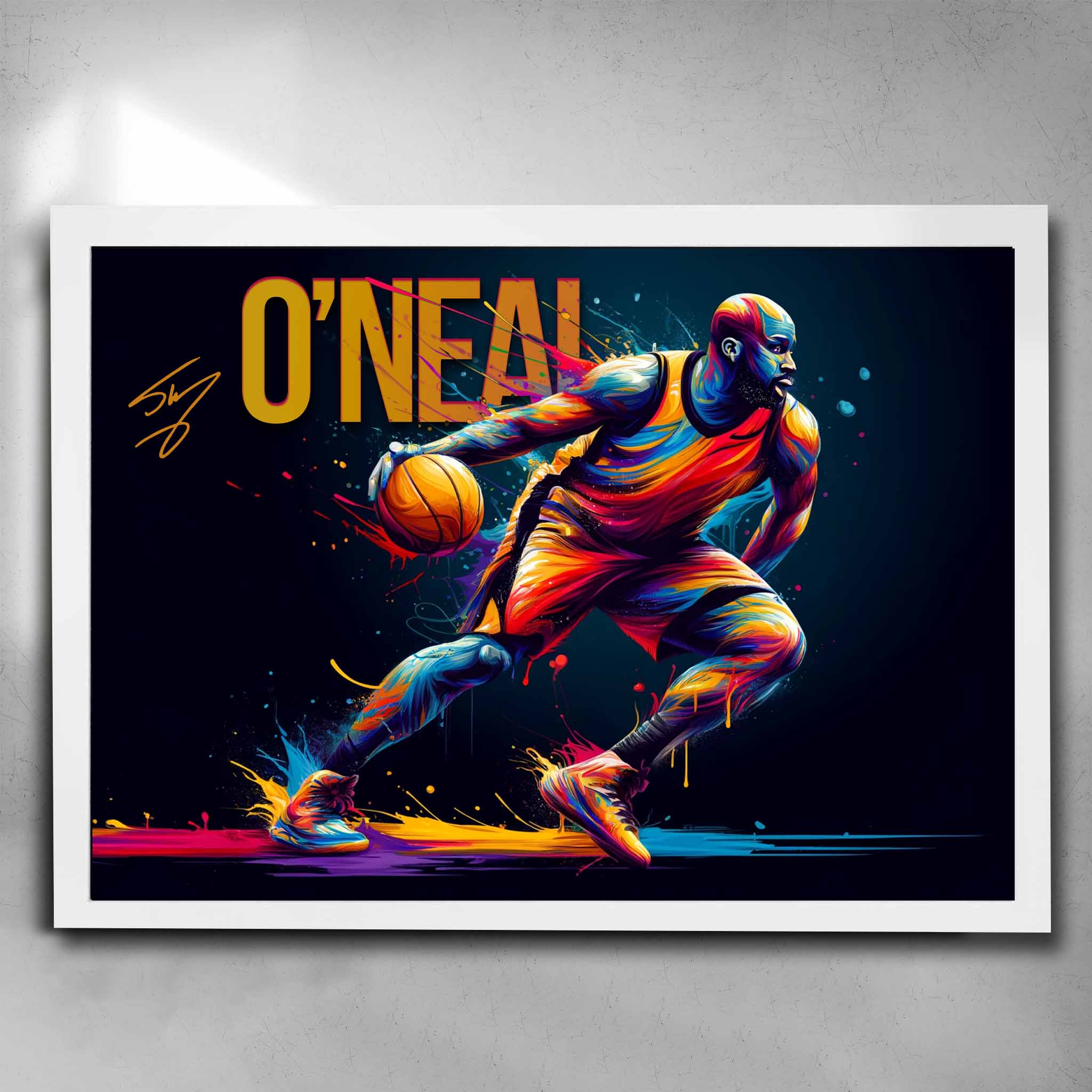 White framed NBA art by Sports Cave, featuring Shaquille O'Neal from the LA Lakers.