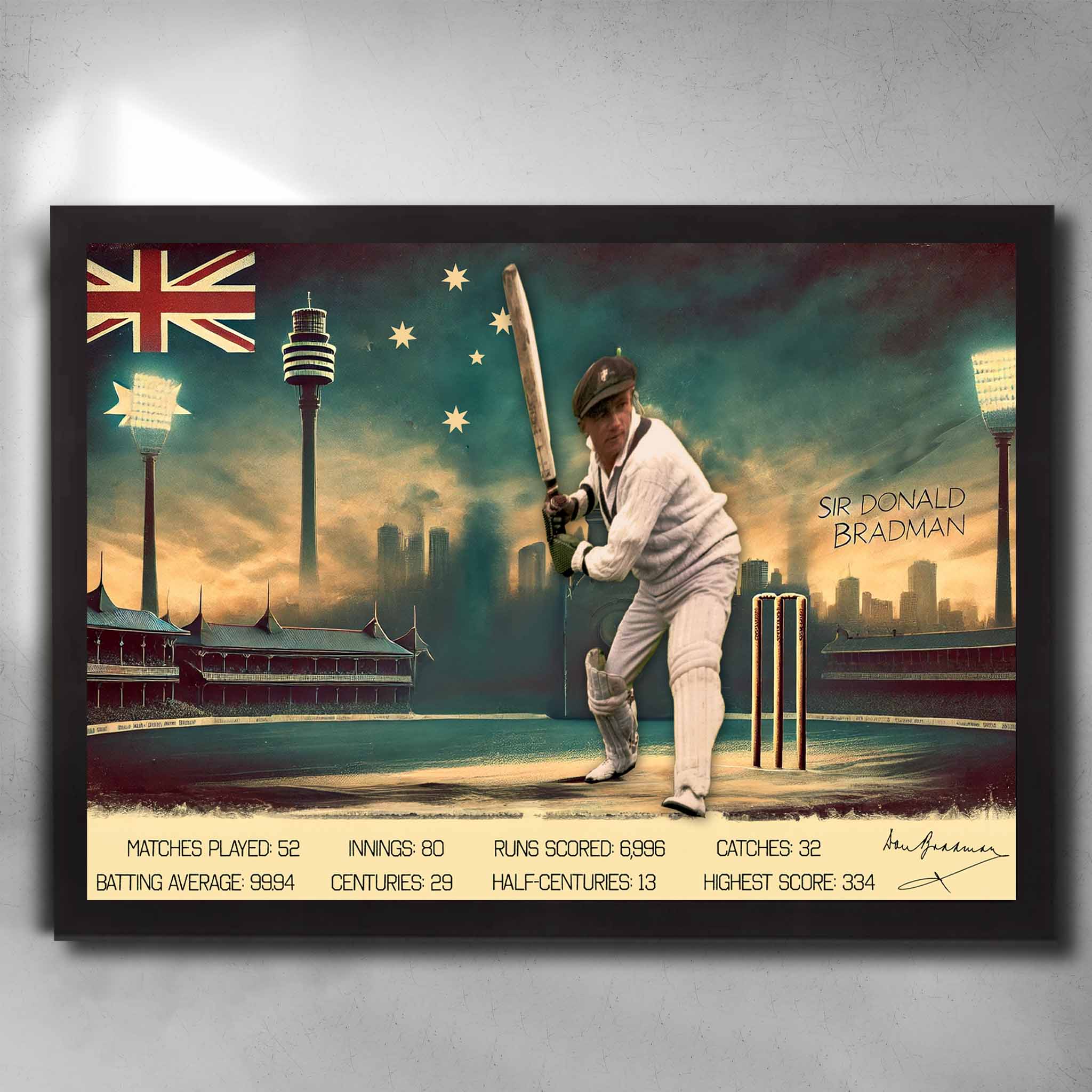 Black framed cricket memorabilia by Sports Cave featuring the legend Sir Donald Bradman.