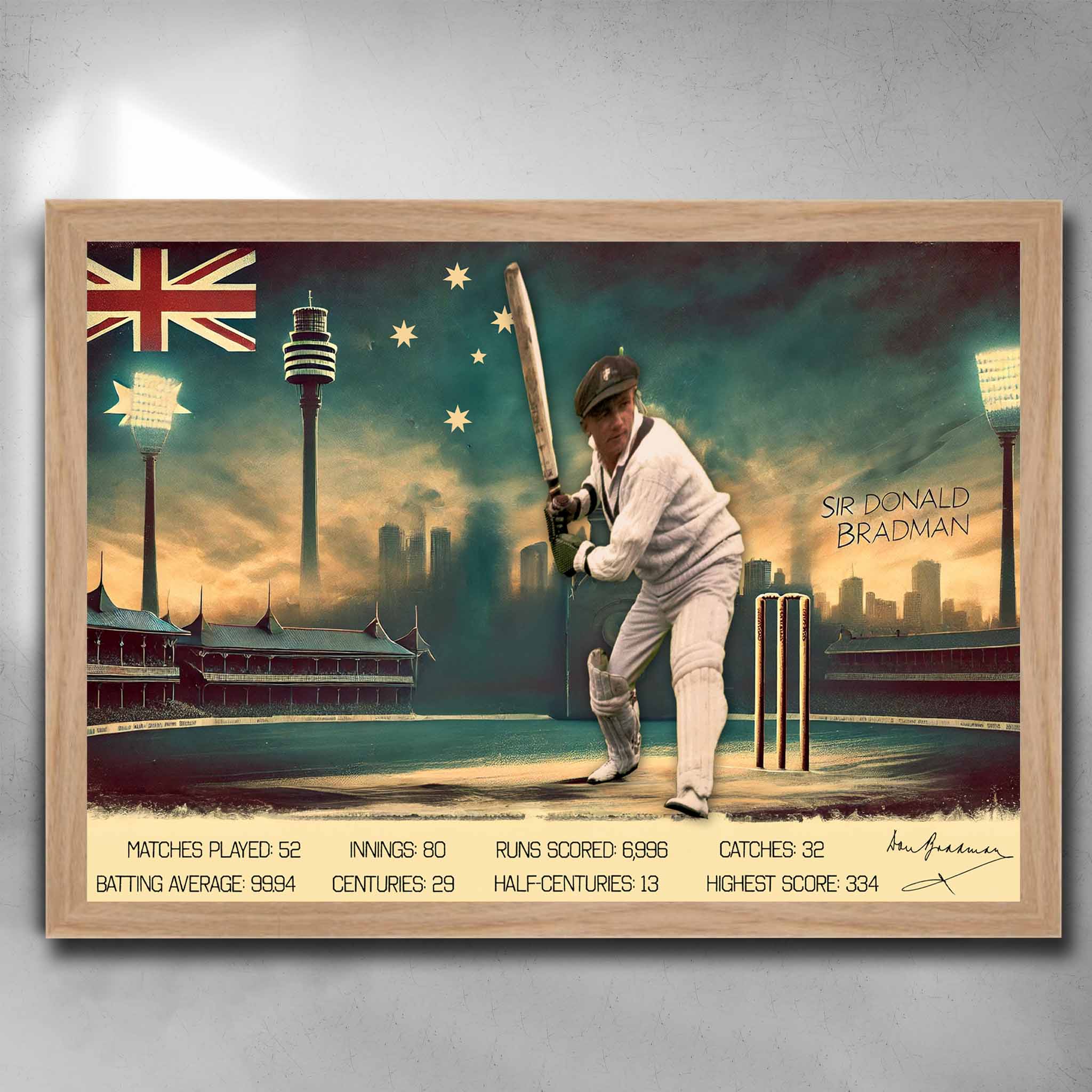 Oak framed cricket memorabilia by Sports Cave featuring the legend Sir Donald Bradman.