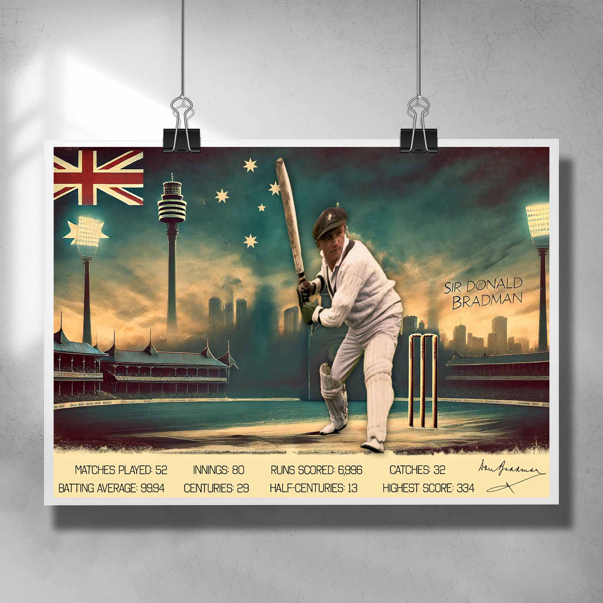 Unique cricket poster by Sports Cave featuring the legend Sir Donald Bradman.