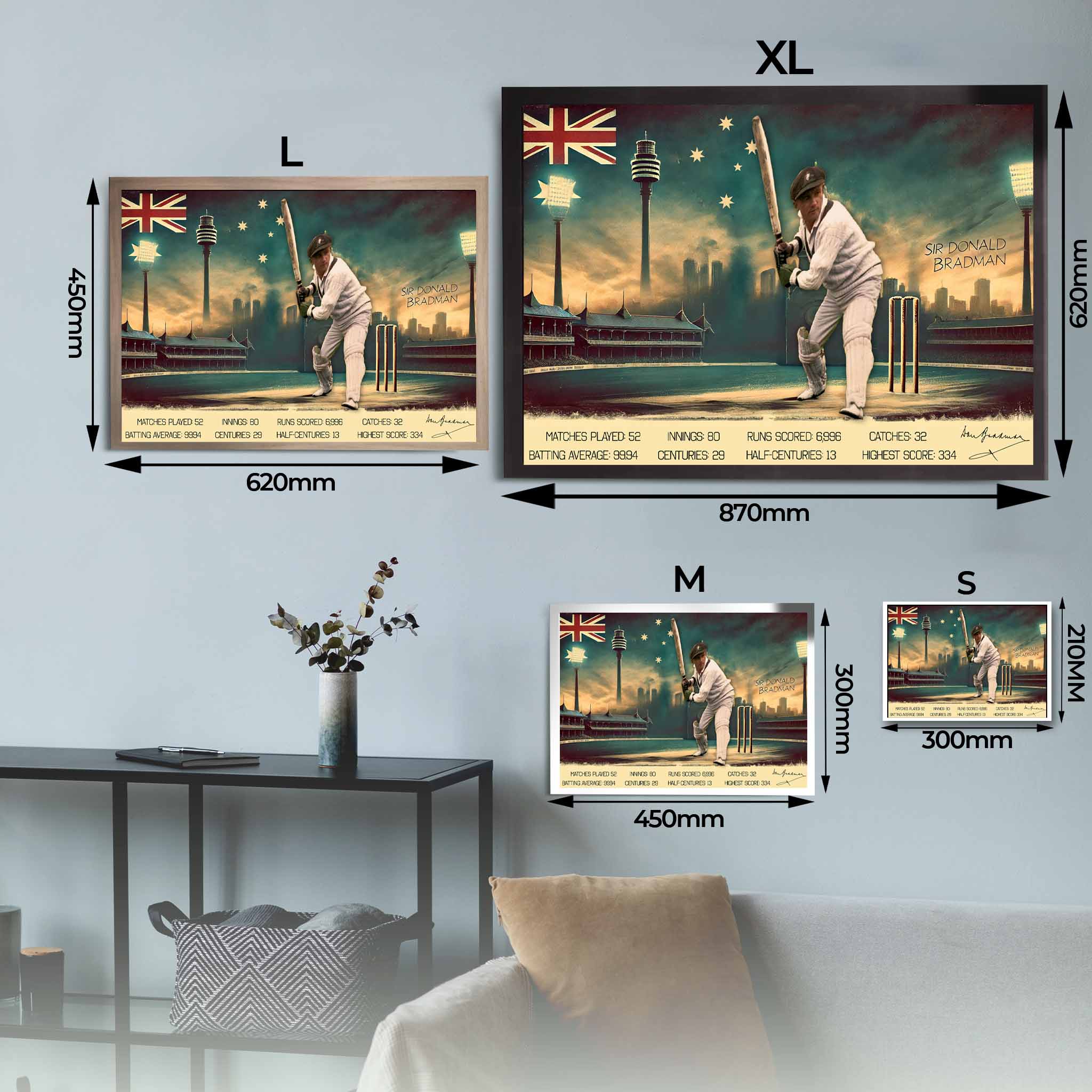 Framed Sir Donald Bradman Poster Sizing Guide.