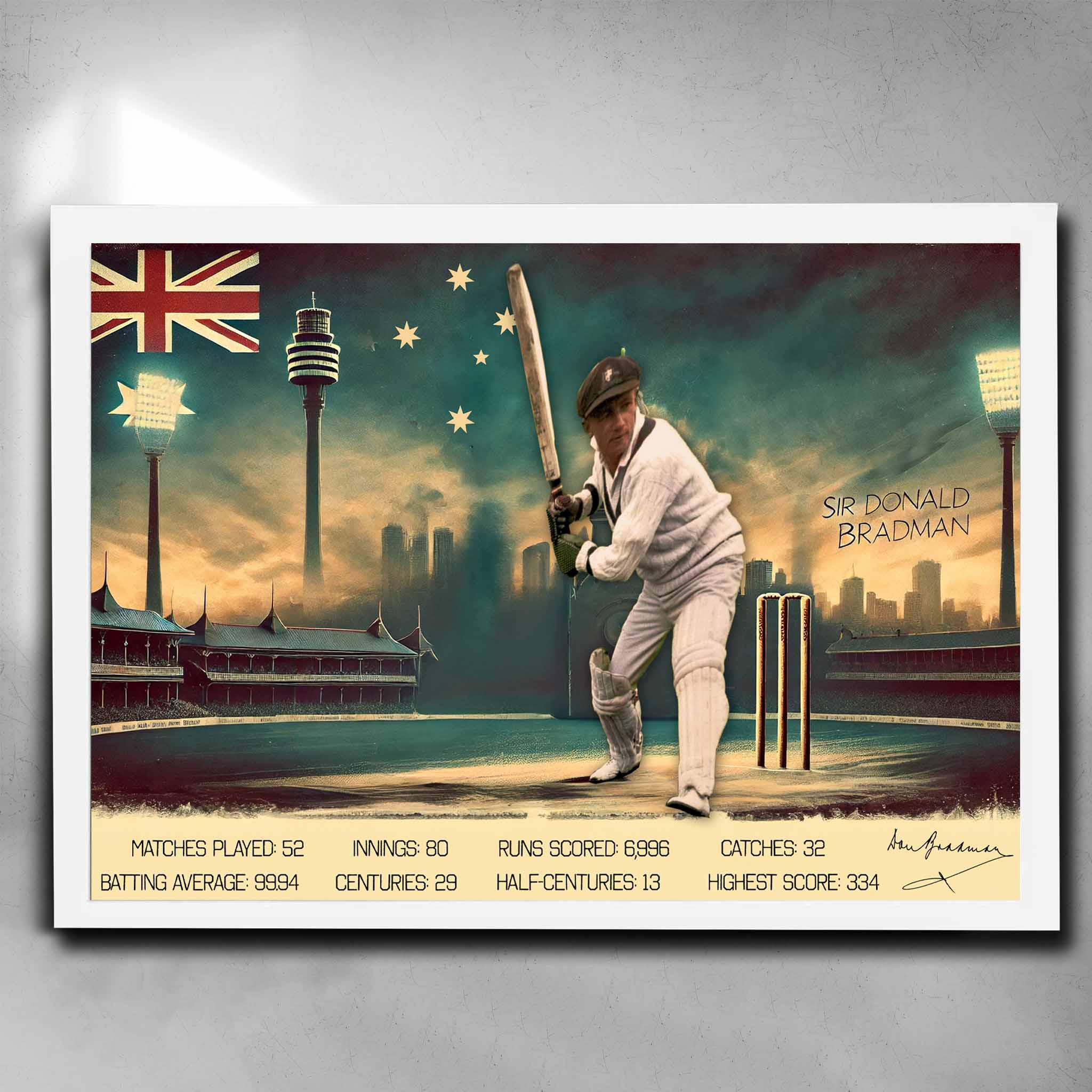 White framed cricket memorabilia by Sports Cave featuring the legend Sir Donald Bradman.