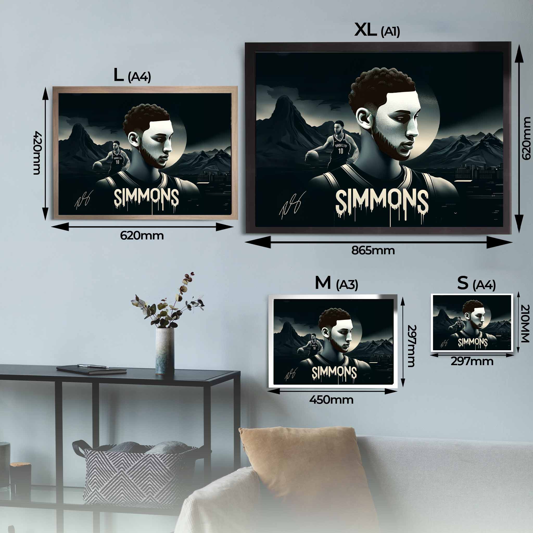 Visual representation of Ben Simmons framed art size options, ranging from S 21×29.7cm to L 42×62cm, to assist selecting the right size for your space and preferences.