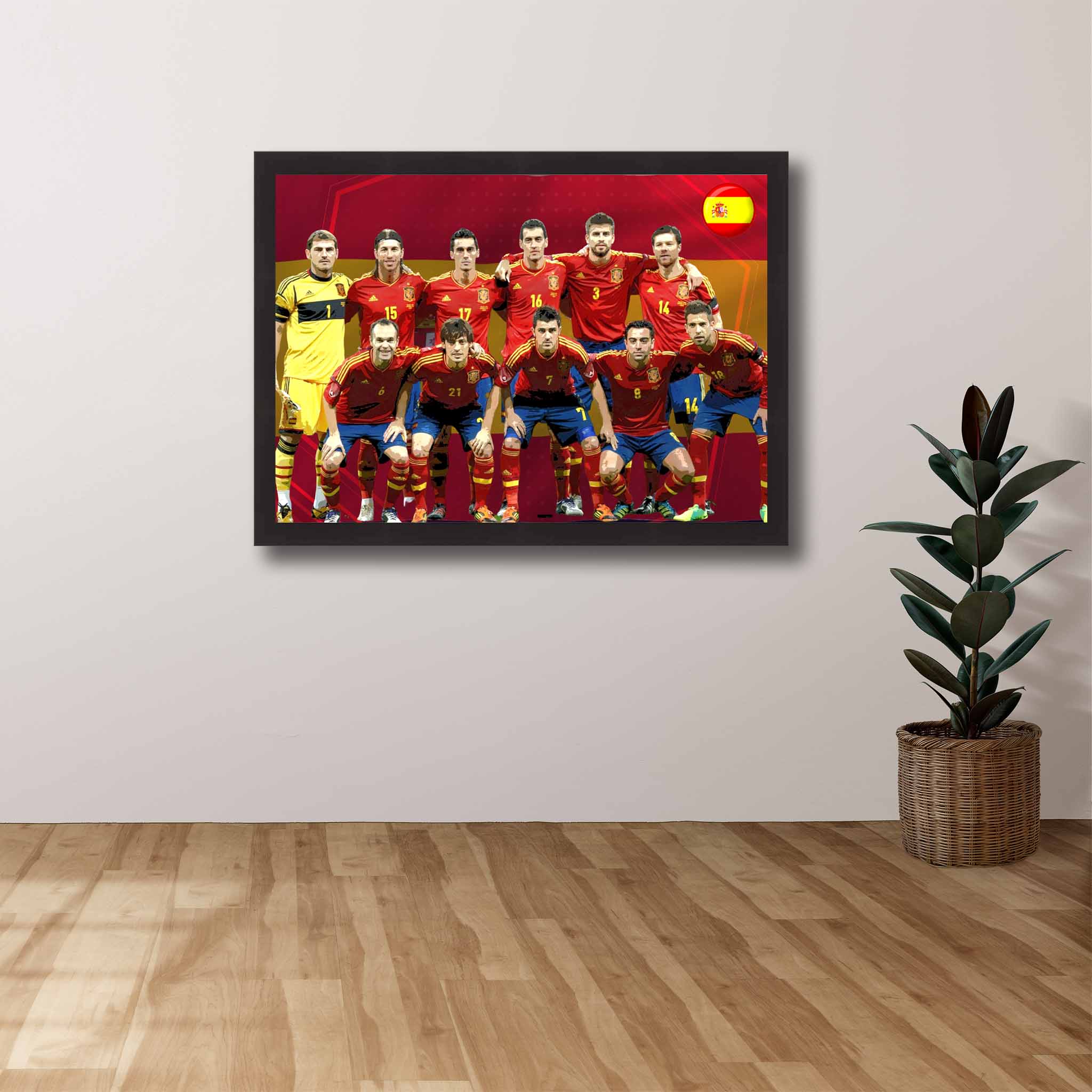 Devoted soccer fan's tribute: Spain 2010 World Cup framed art proudly displayed on the wall.