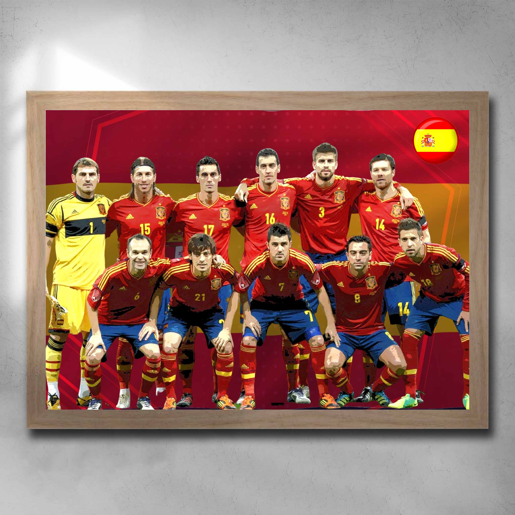 Oak framed soccer art by Sports Cave, featuring the 2010 world cup winners Spain.