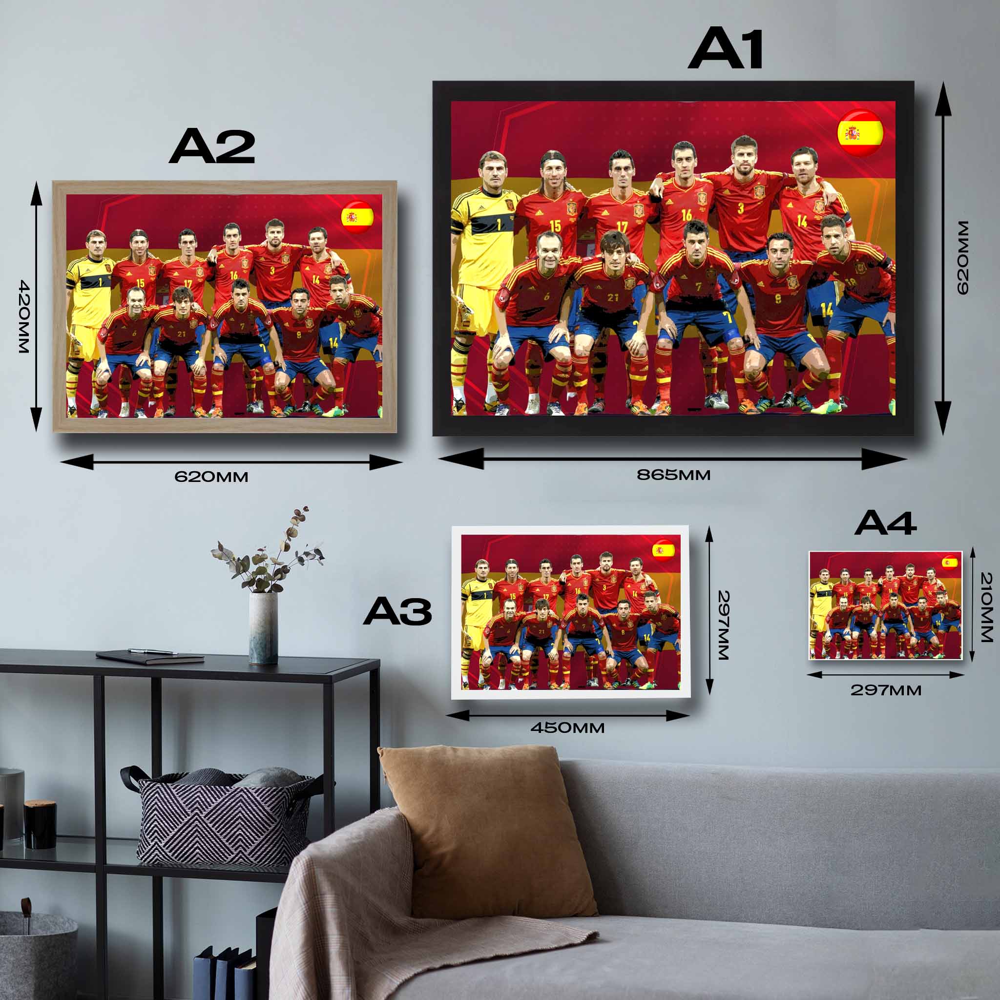 Visual representation of Spain 2010 framed art size options, ranging from A4 to A2, for selecting the right size for your space.