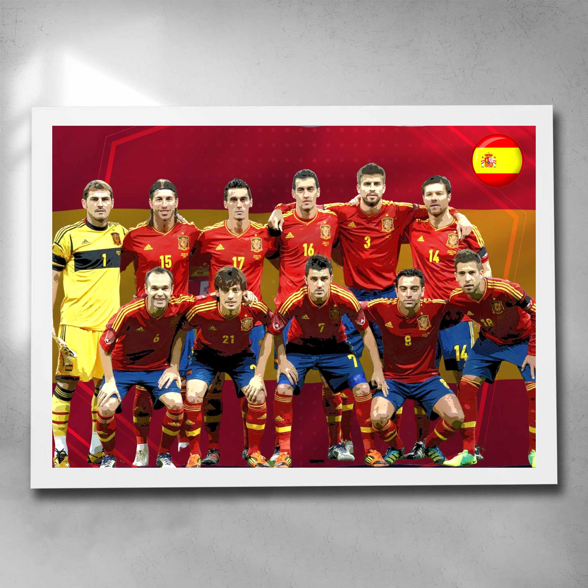 White framed soccer art by Sports Cave, featuring the 2010 world cup winners Spain.