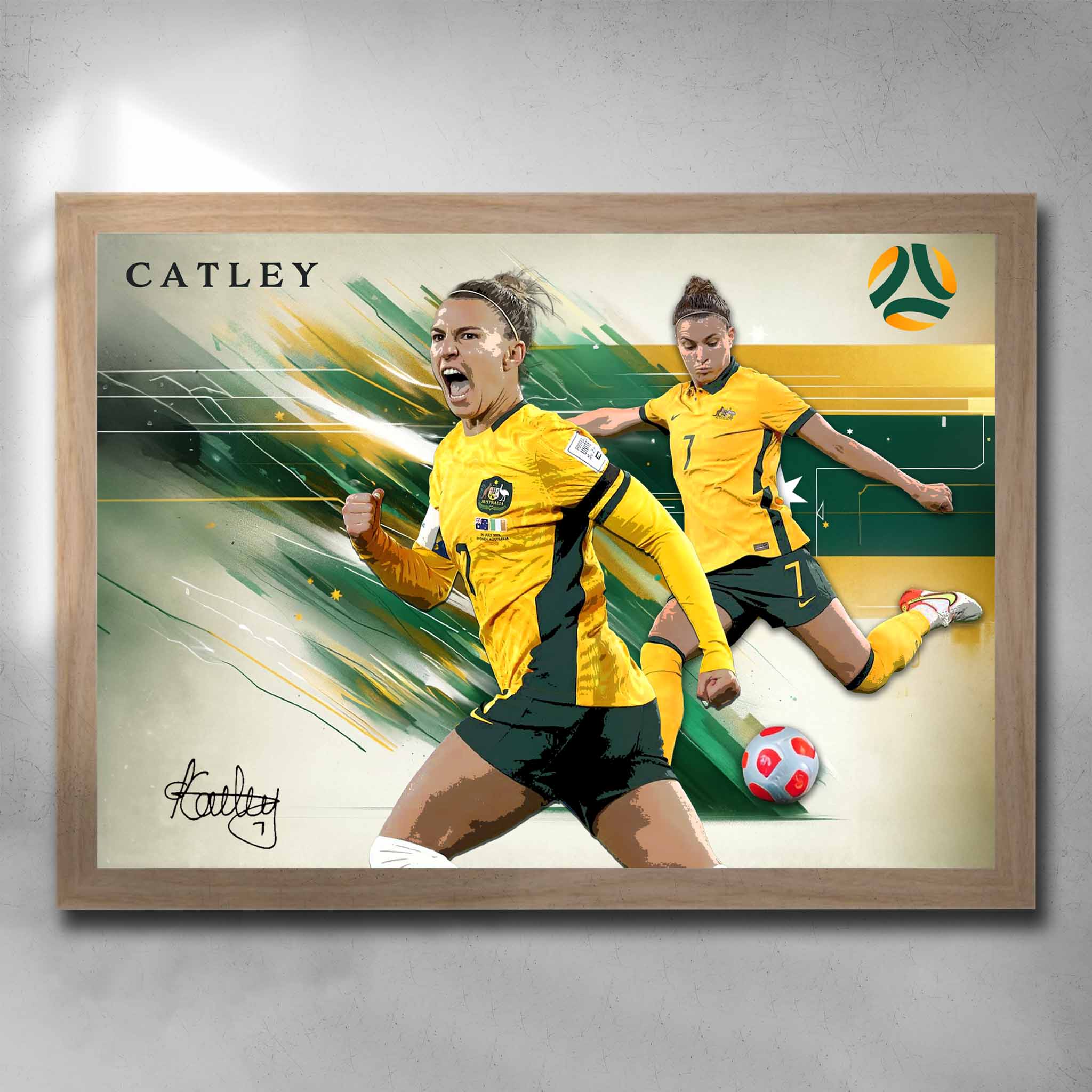 Oak framed soccer art by Sports Cave, featuring women's soccer player from the Matilda's, Steph Catley.