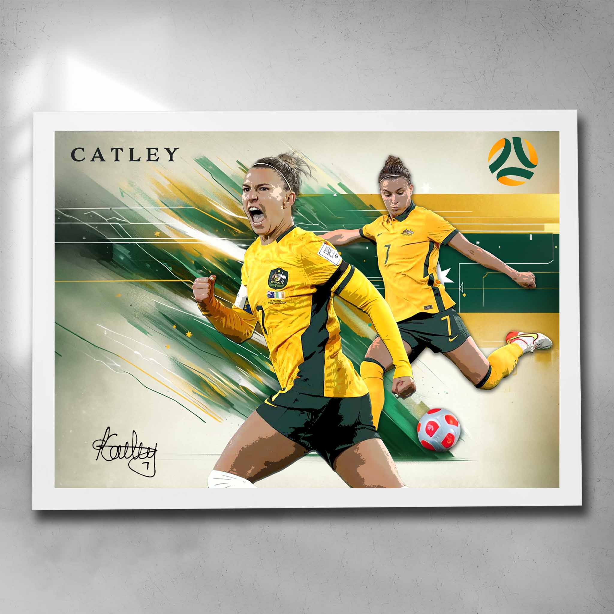 White framed soccer art by Sports Cave, featuring women's soccer player from the Matilda's, Steph Catley.