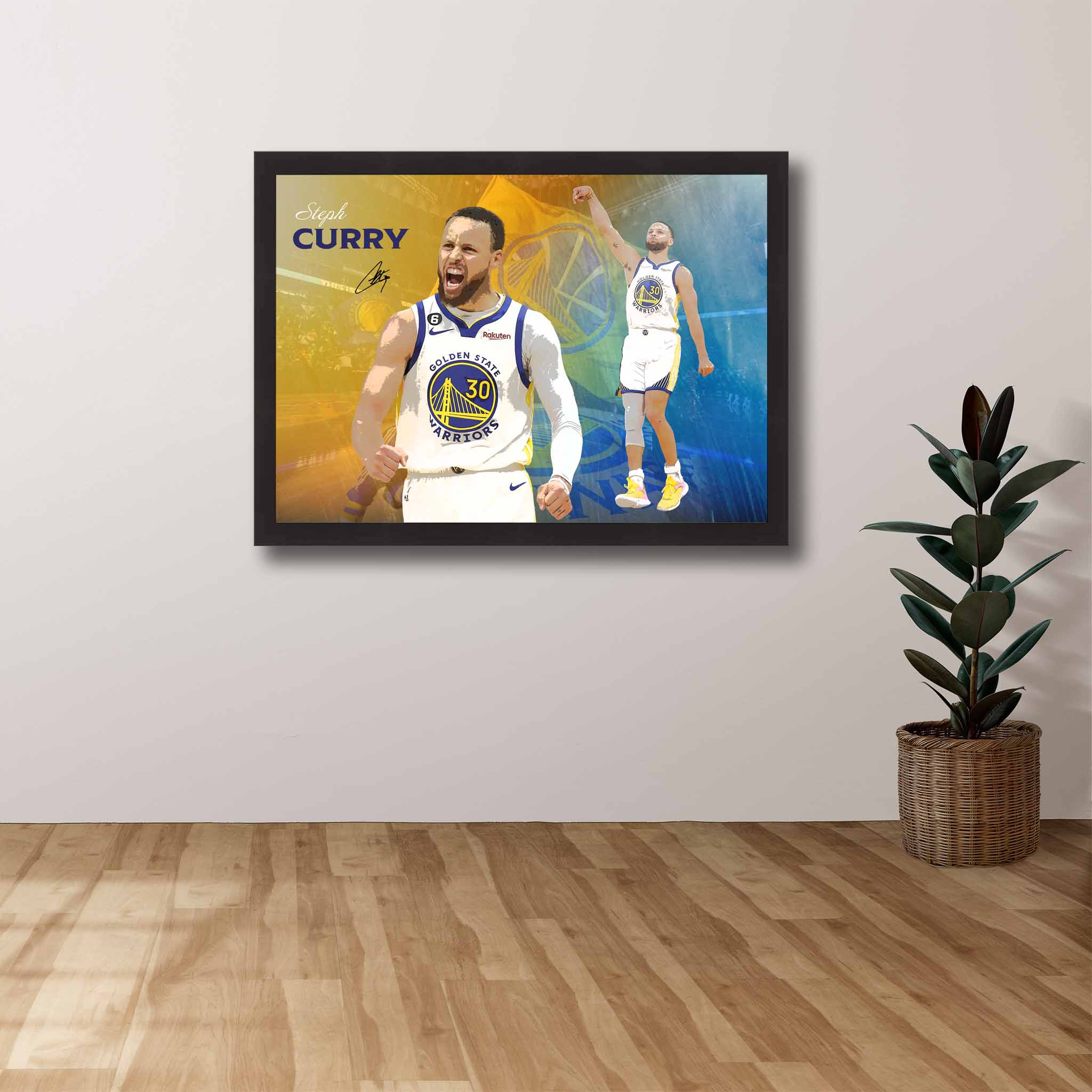 Devoted Golden State Warriors NBA fan's tribute: Steph Curry framed art proudly displayed on the wall.