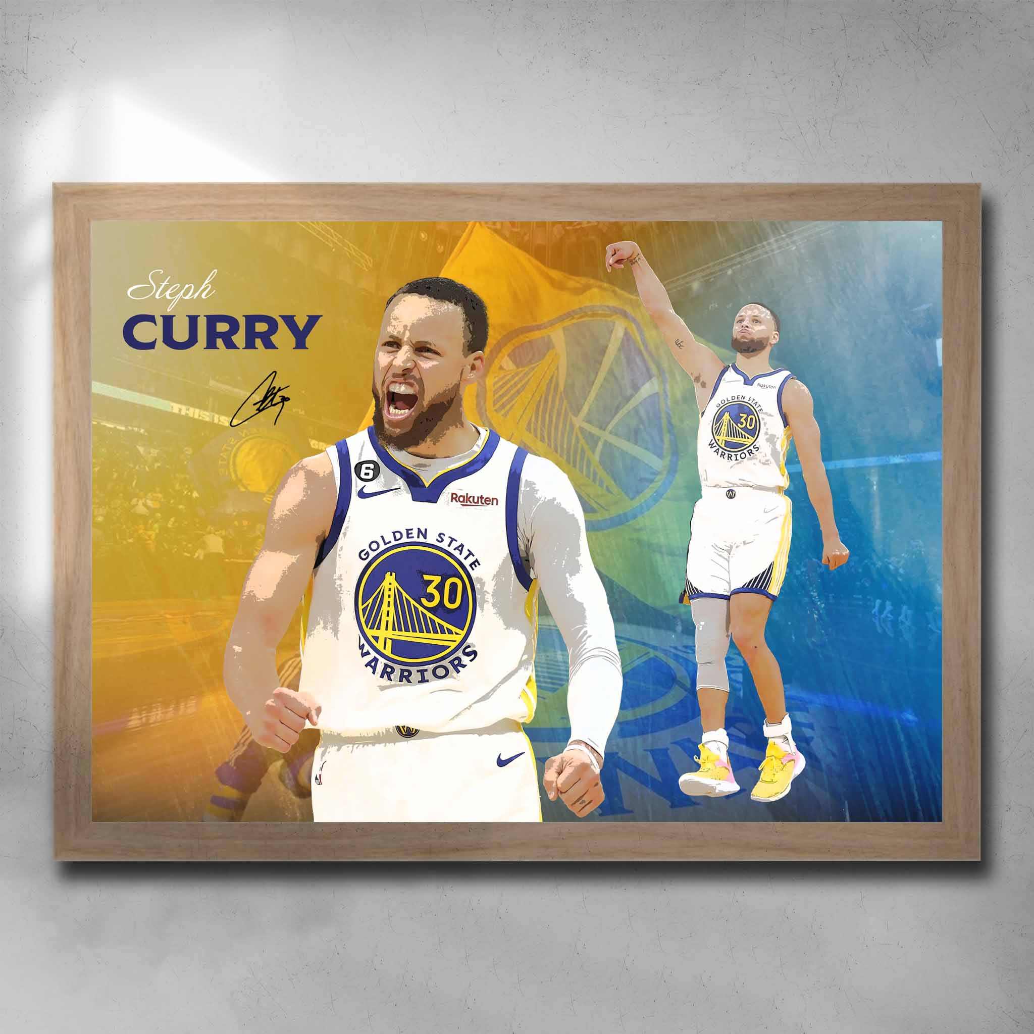 Oak framed NBA art by Sports Cave, featuring Stephen Curry from the Golden State Warriors.