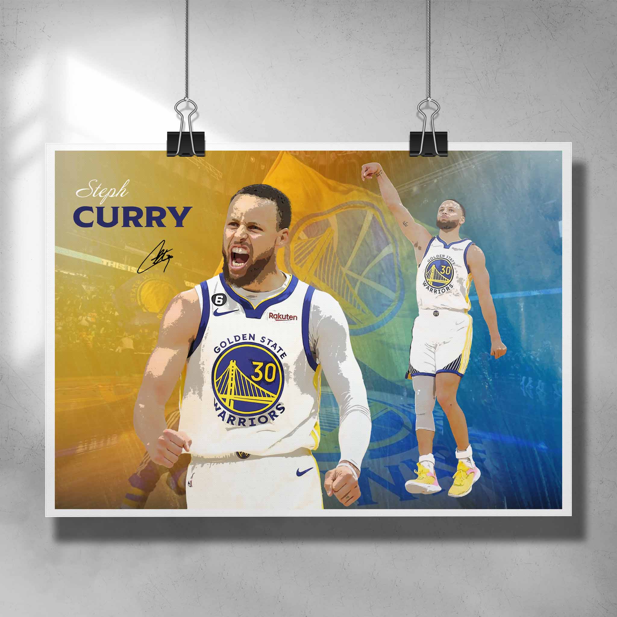 Unique NBA poster by Sports Cave, featuring Stephen Curry from the Golden State Warriors.