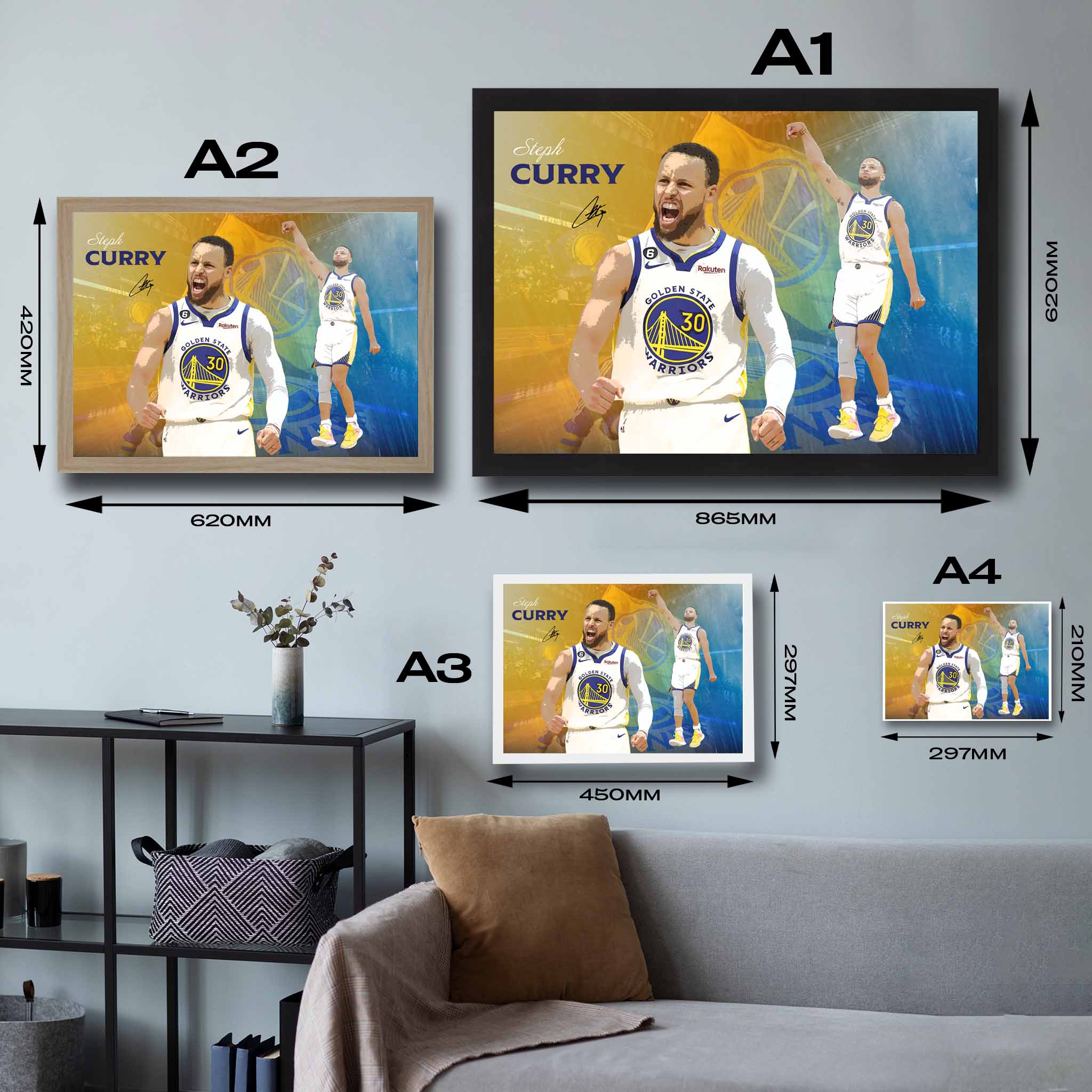 Visual representation of Stephen Curry framed art size options, ranging from A4 to A2, for selecting the right size for your space.