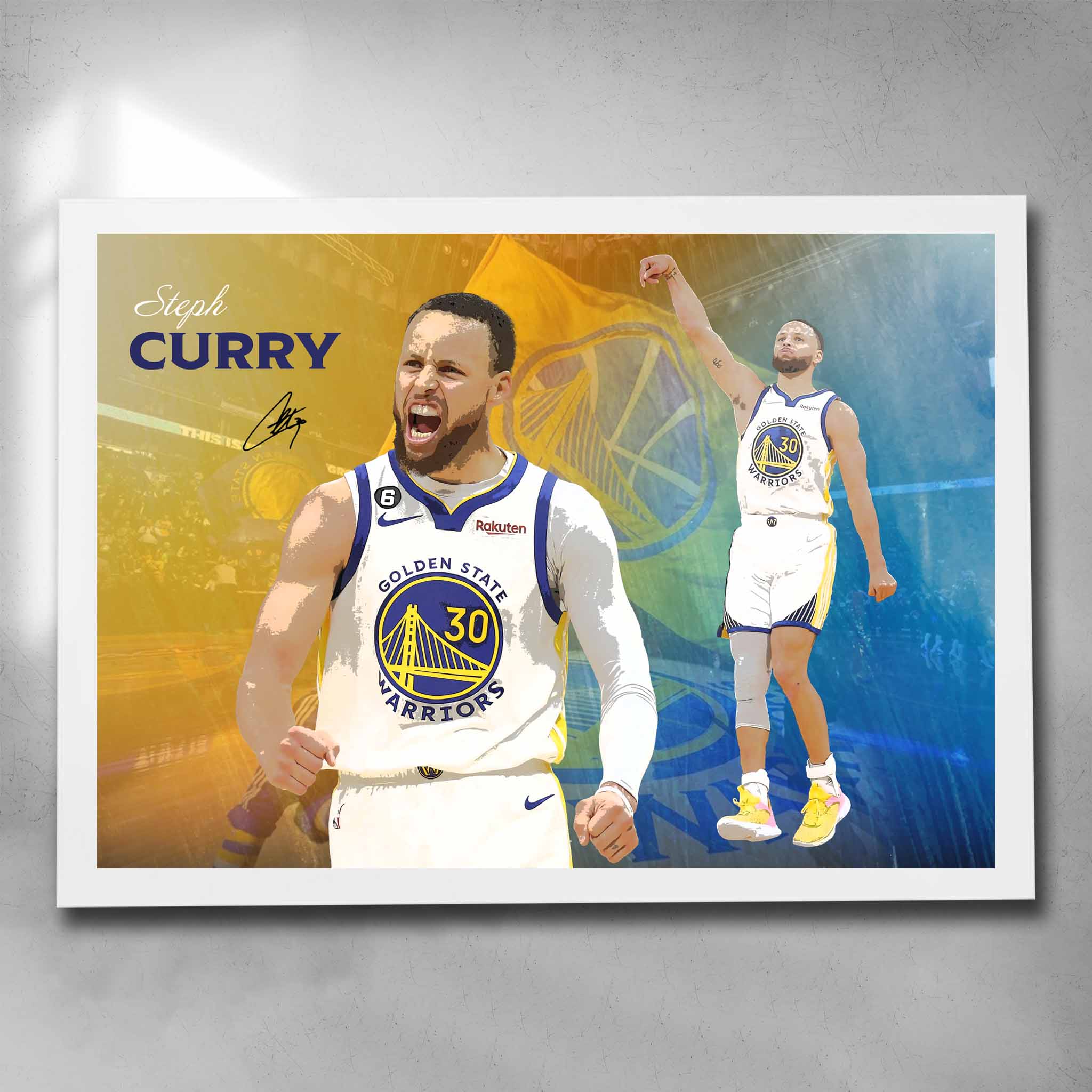 White framed NBA art by Sports Cave, featuring Stephen Curry from the Golden State Warriors.