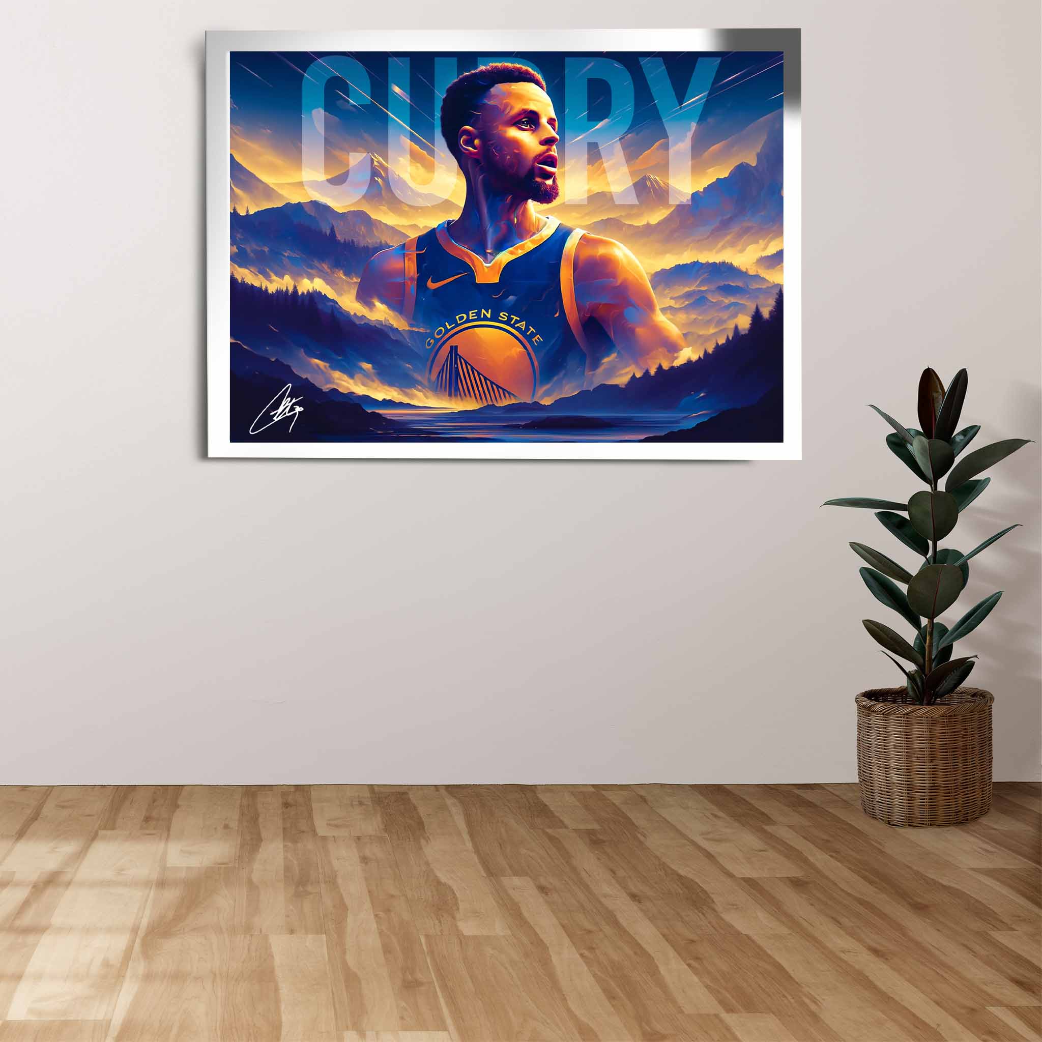 Devoted Golden State Warriors fan's tribute: Steph Curry framed art proudly displayed on the wall.