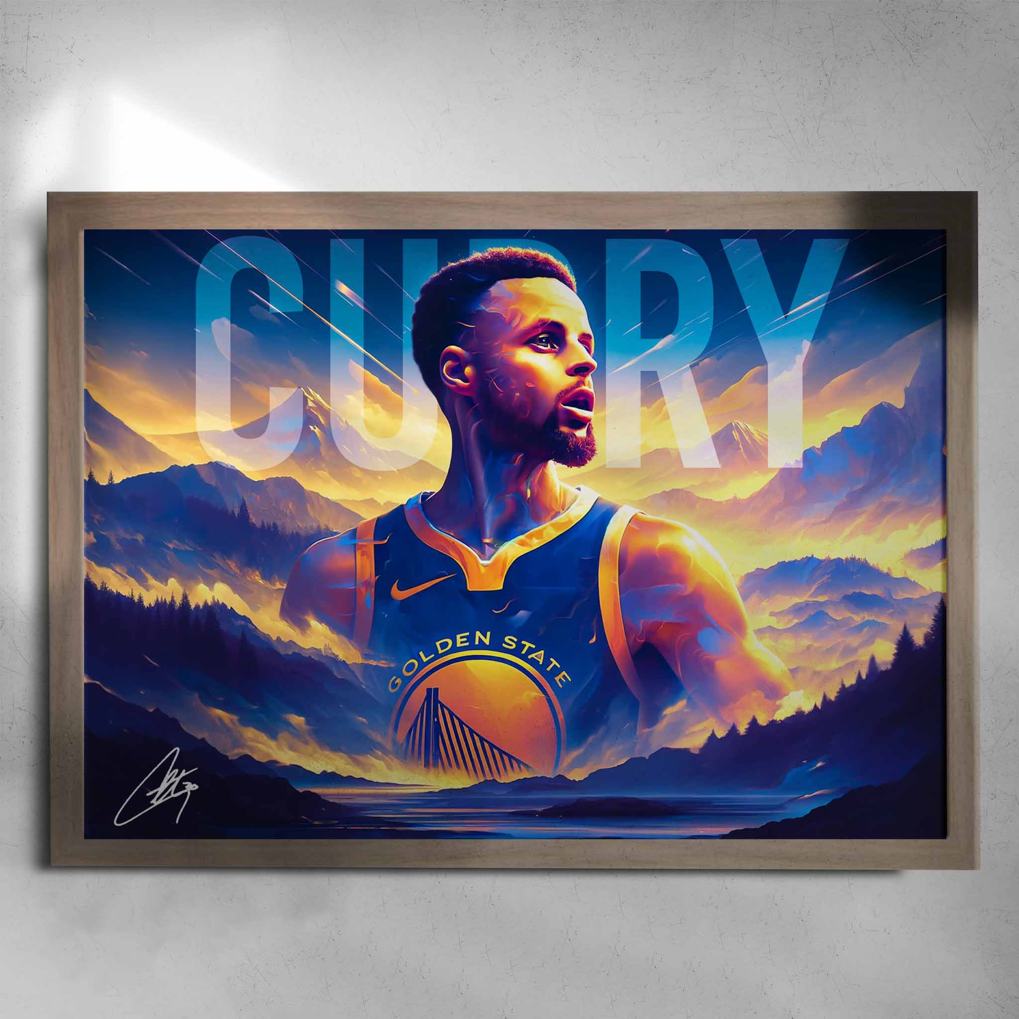 Oak framed NBA Art by Sports Cave featuring Stephen Curry from the Golden State Warriors.