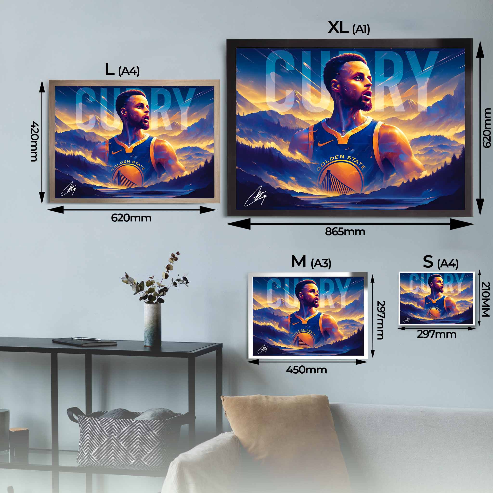 Visual representation of Stephen Curry framed art size options, ranging from A4 to A2, for selecting the right size for your space.