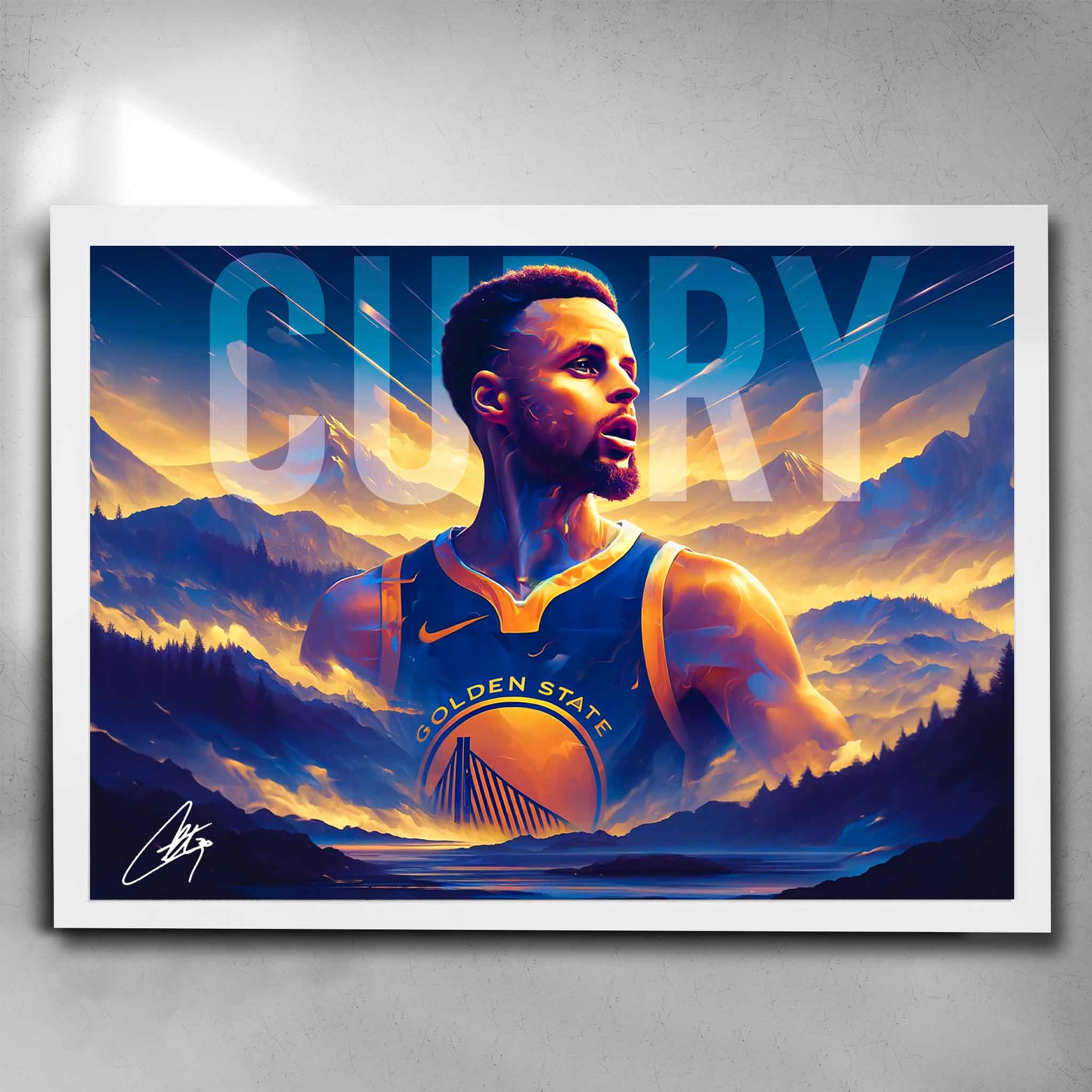 White framed NBA Art by Sports Cave featuring Stephen Curry from the Golden State Warriors.