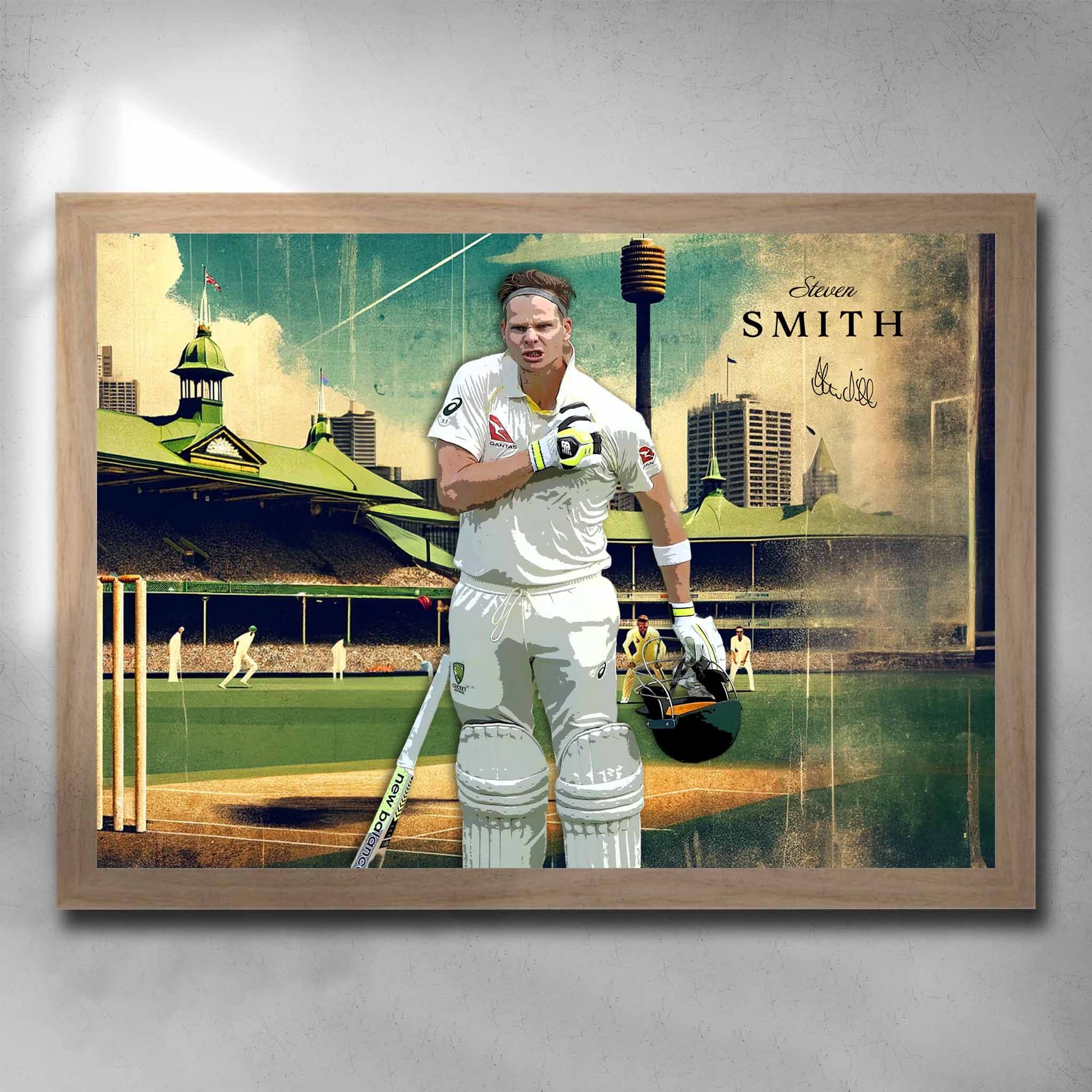 A signed cricket print featuring Steven Smith from the Australian cricket team in a Oak frame by Sports Cave.