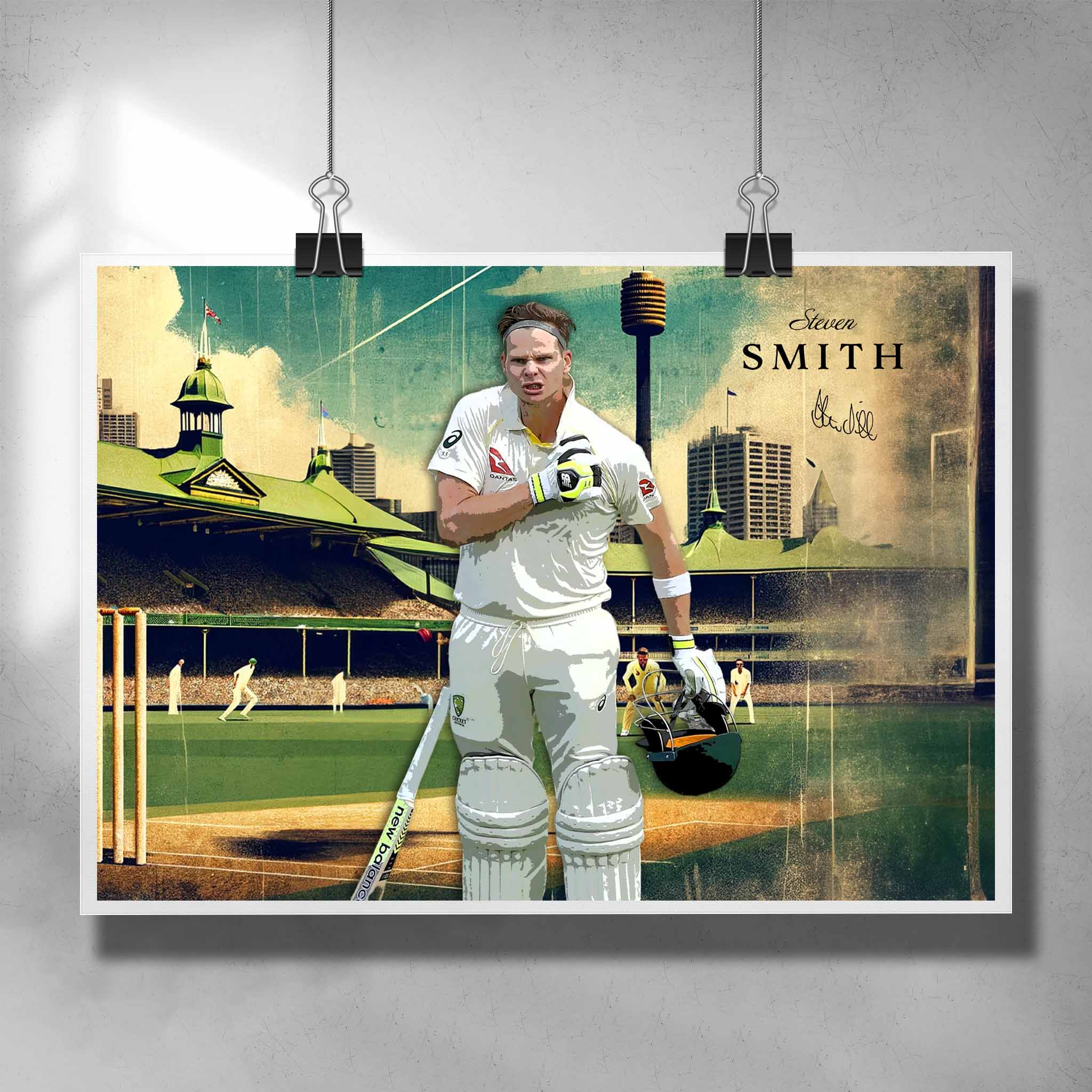 Unique cricket poster featuring Steven Smith from the Australian cricket team in a Black frame by Sports Cave.