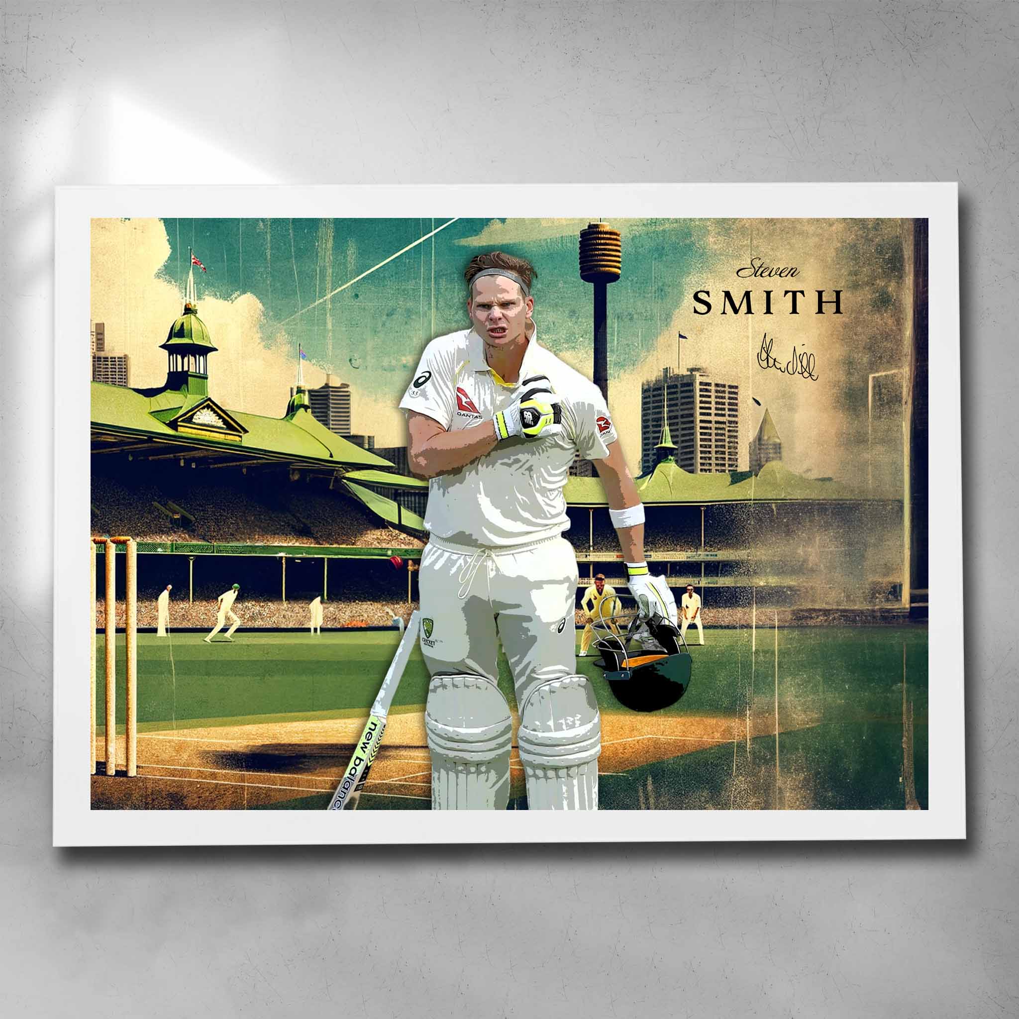 A signed cricket print featuring Steven Smith from the Australian cricket team in a White frame by Sports Cave.