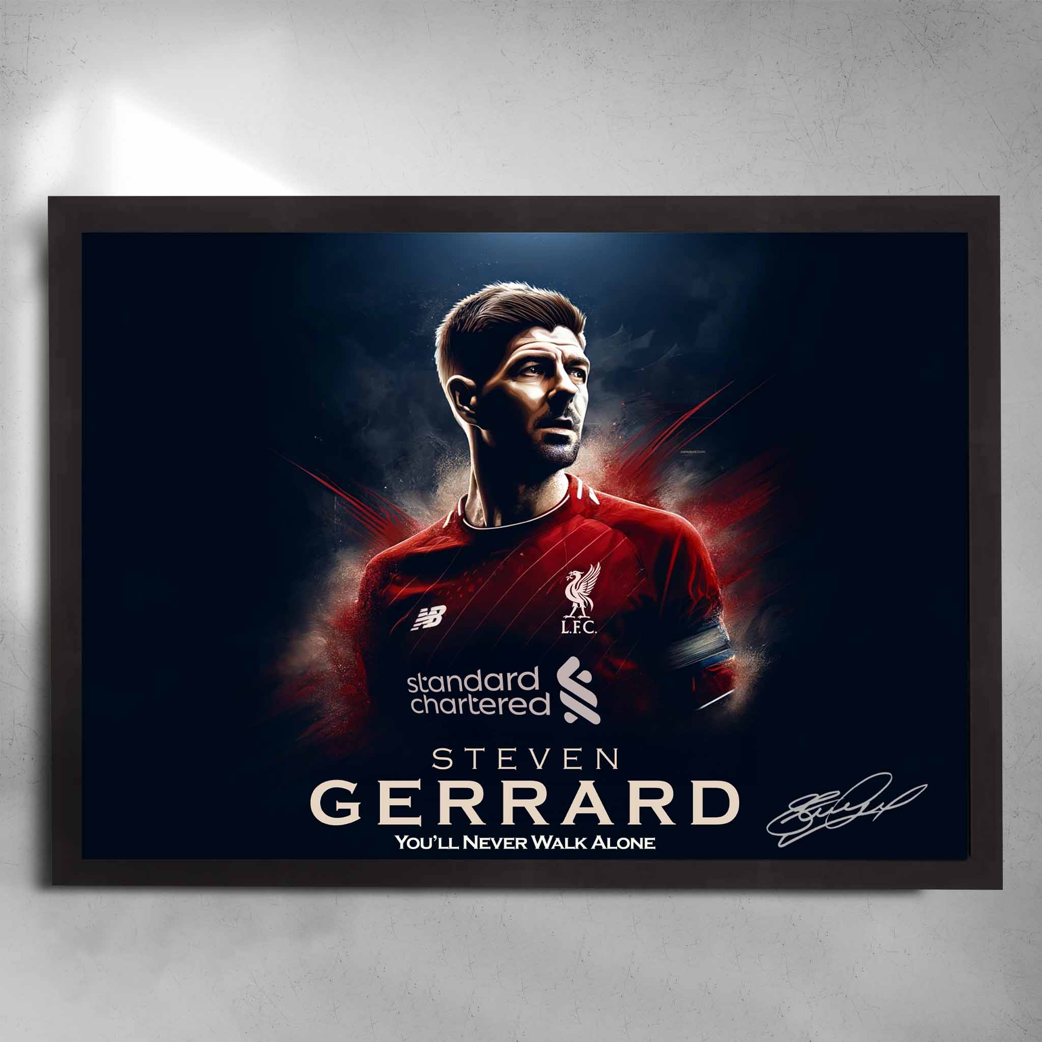 Black framed soccer art featuring Stephen Gerrard from Liverpool FC signed - artwork by Sports Cave.