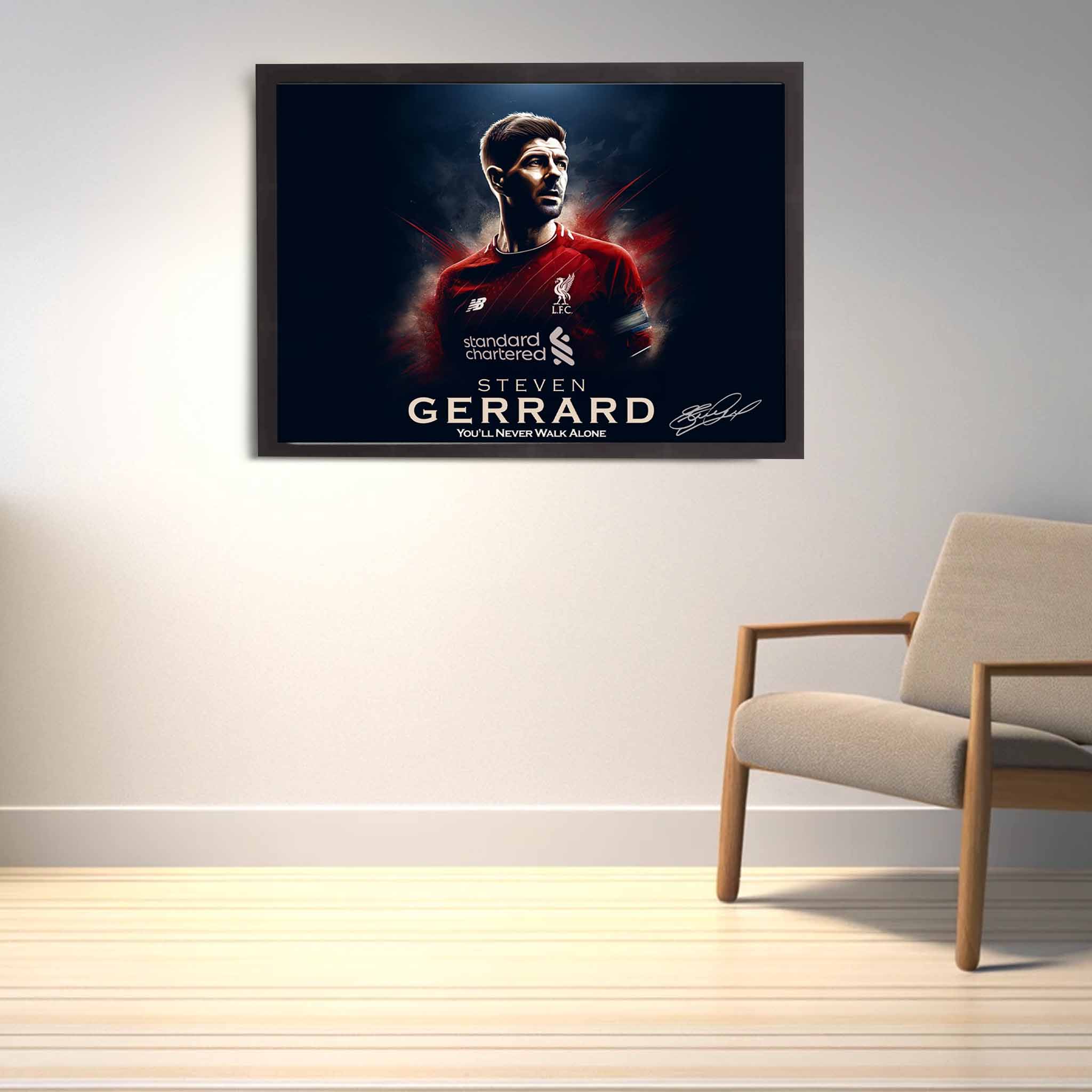 Liverpool FC Die-hard fan with Steven Gerrard wall decor on display.