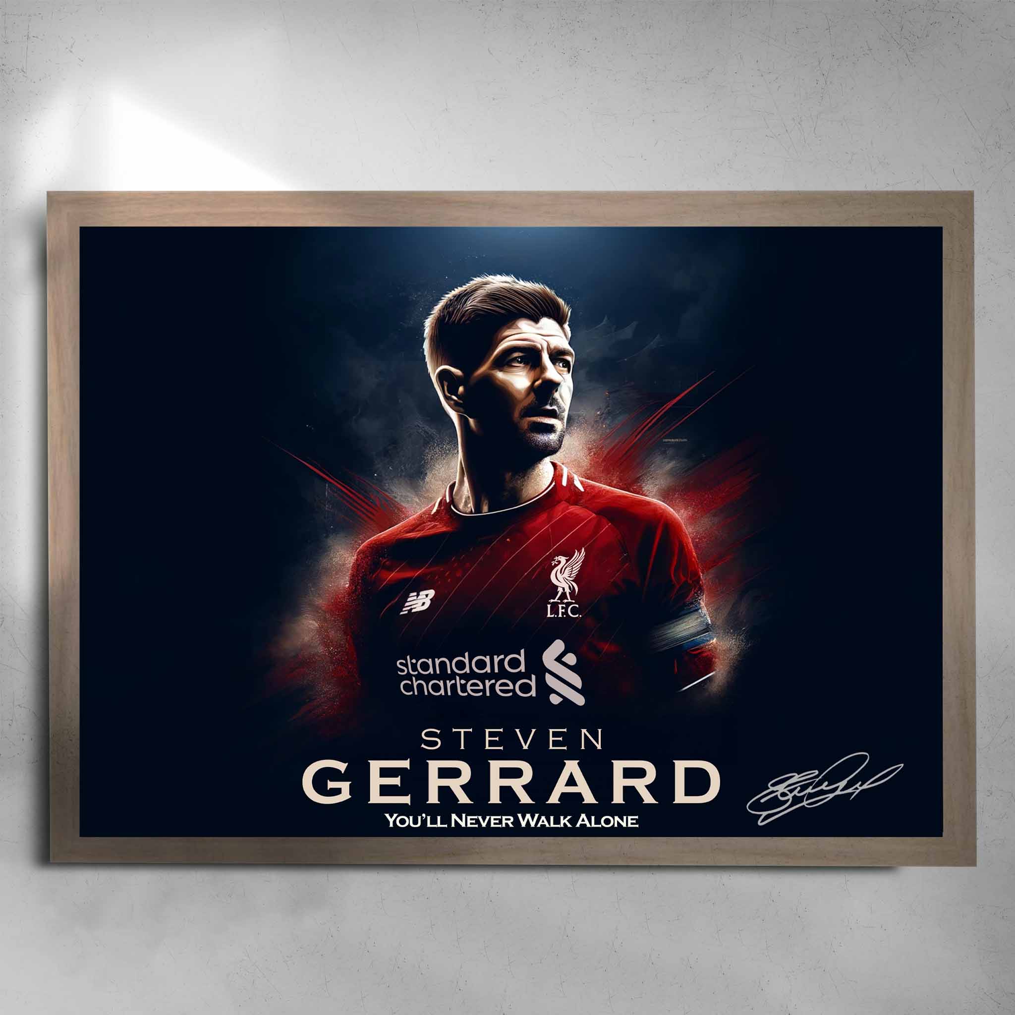 Rustic Oak framed soccer art featuring Stephen Gerrard from Liverpool FC signed - artwork by Sports Cave.