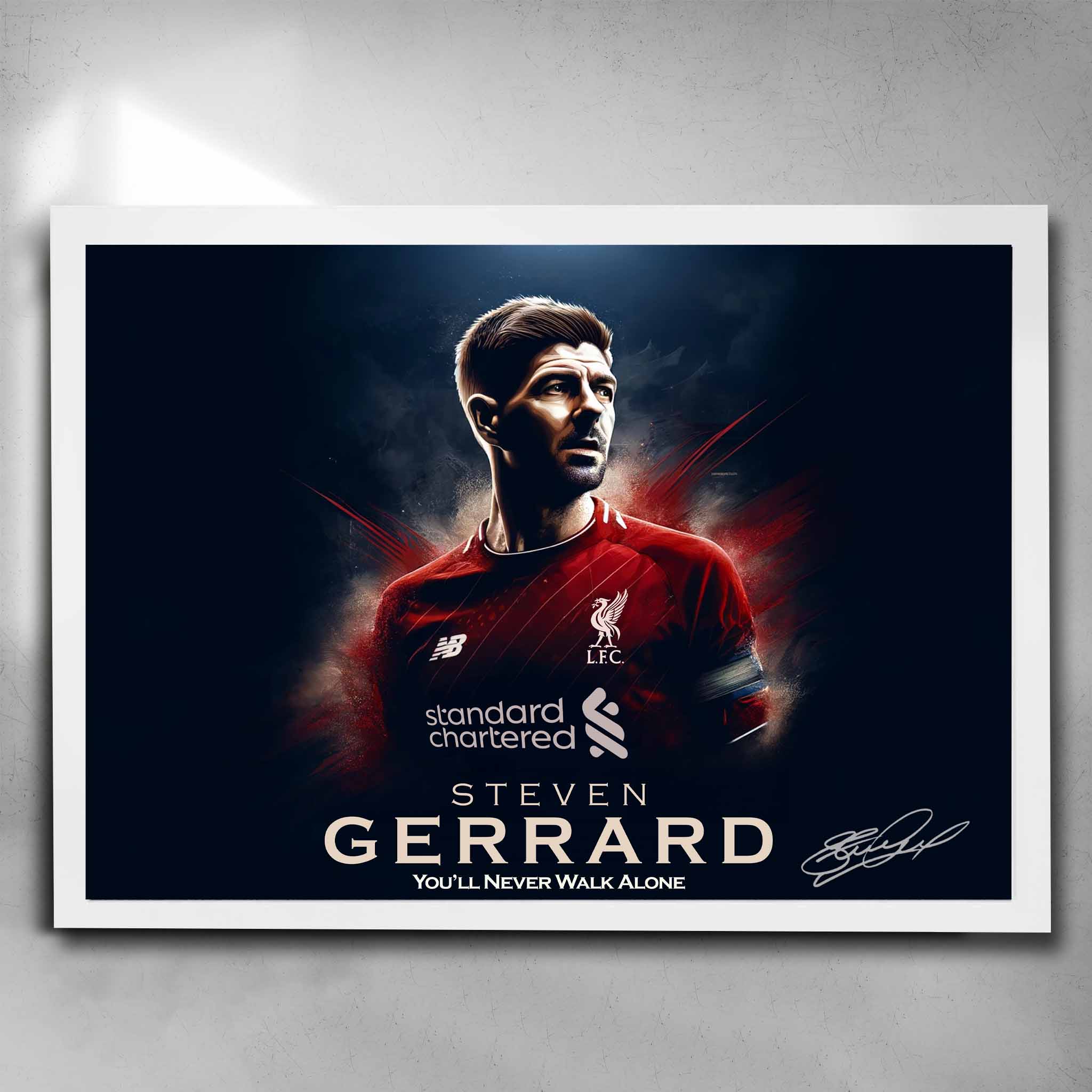 Elegant White framed soccer art featuring Stephen Gerrard from Liverpool FC signed - artwork by Sports Cave.