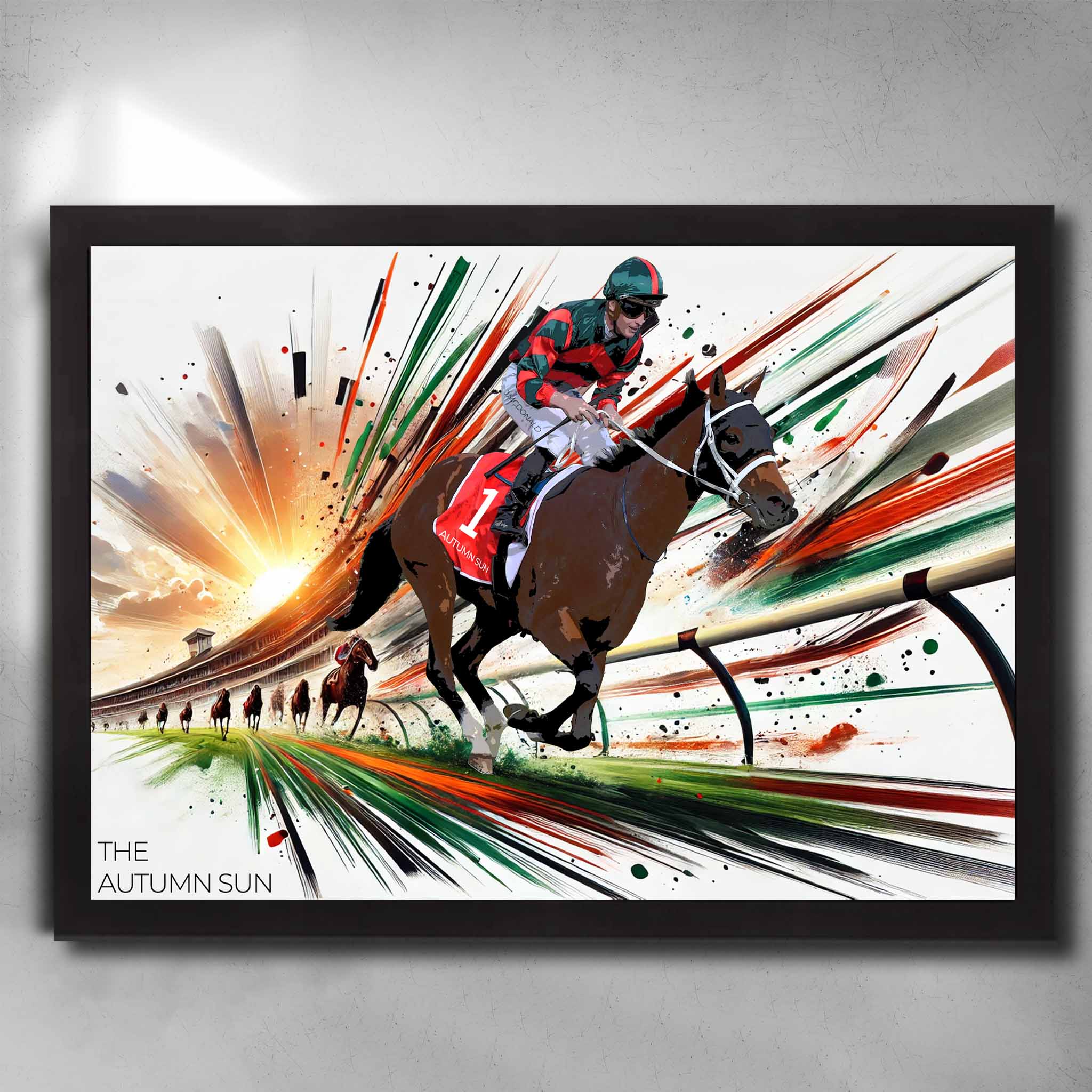 The Autumn Sun Horse Racing Poster - Black framed | Vibrant Man Cave Decor for Horse Racing Fans | Dynamic Horse Racing Art.