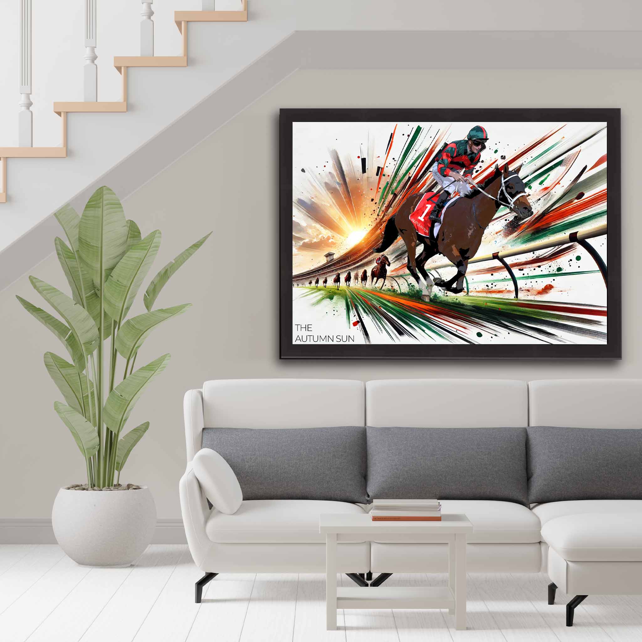 The Autumn Sun Horse Racing Art by Sports Cave - Framed on Display in Modern Living Room | Vibrant Horse Racing Decor.