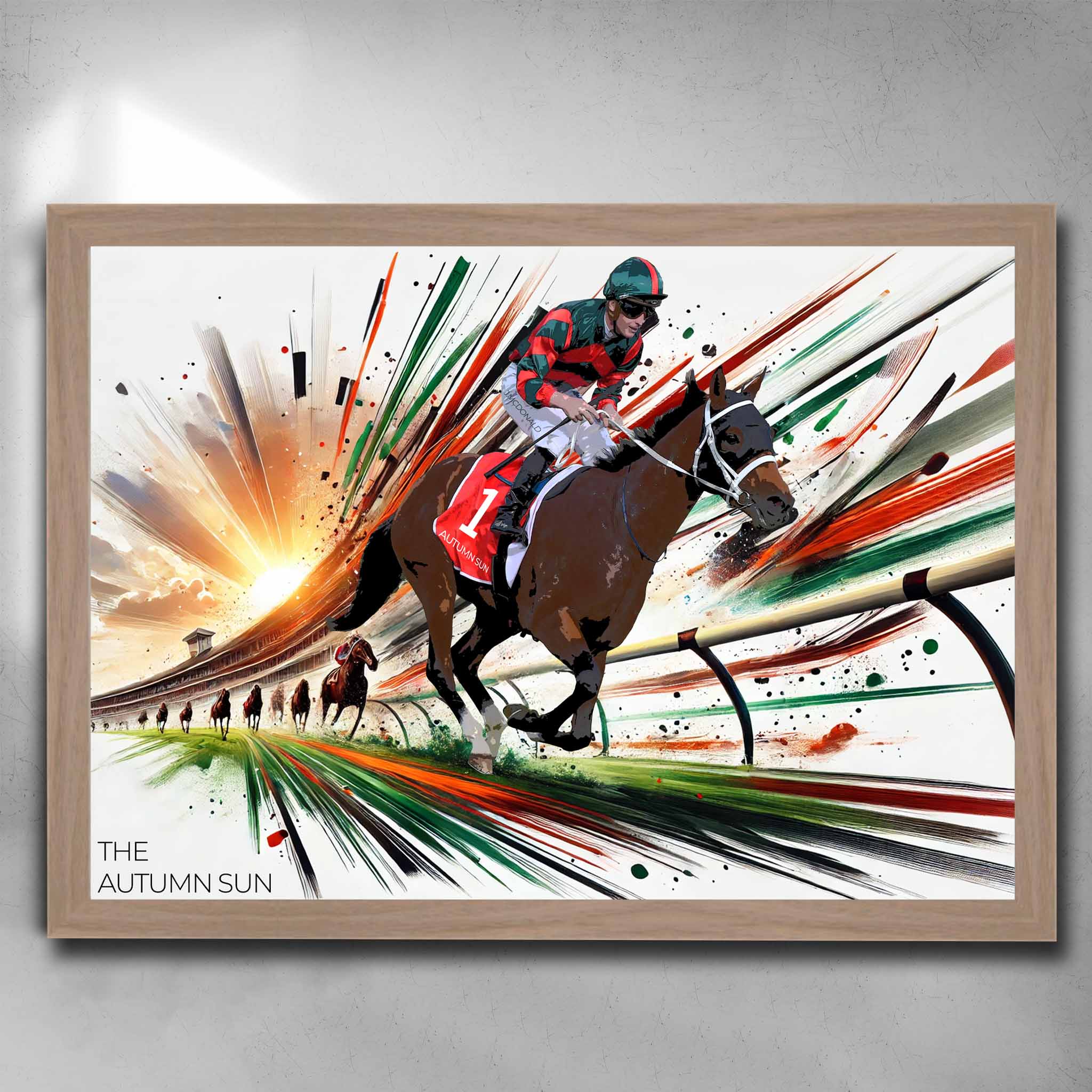 The Autumn Sun Horse Racing Poster - Rustic Oak Framed | Vibrant Man Cave Decor for Horse Racing Fans | Dynamic Horse Racing Art.