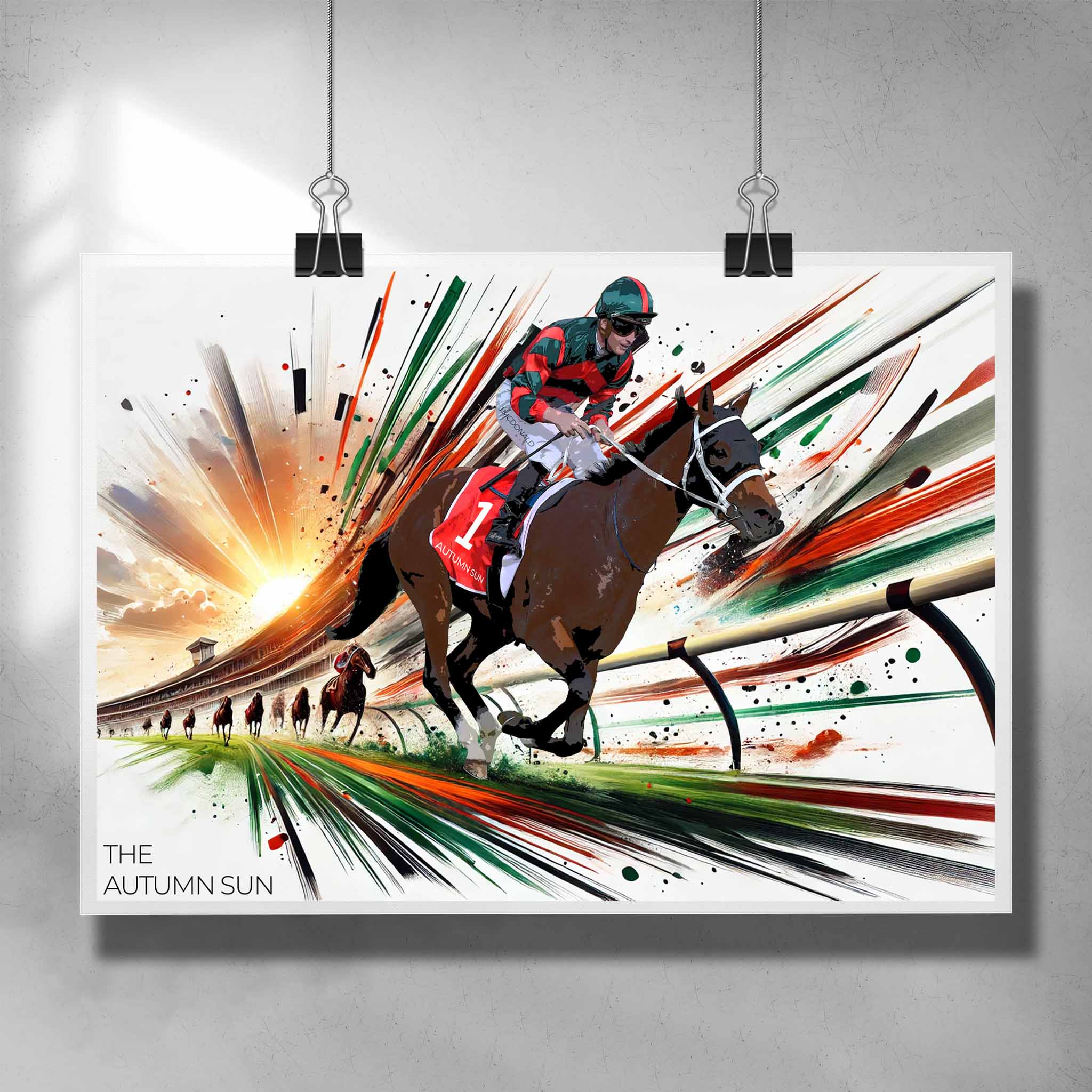 The Autumn Sun Horse Racing Poster - Unframed | Vibrant Man Cave Decor for Horse Racing Fans | Dynamic Horse Racing Art.