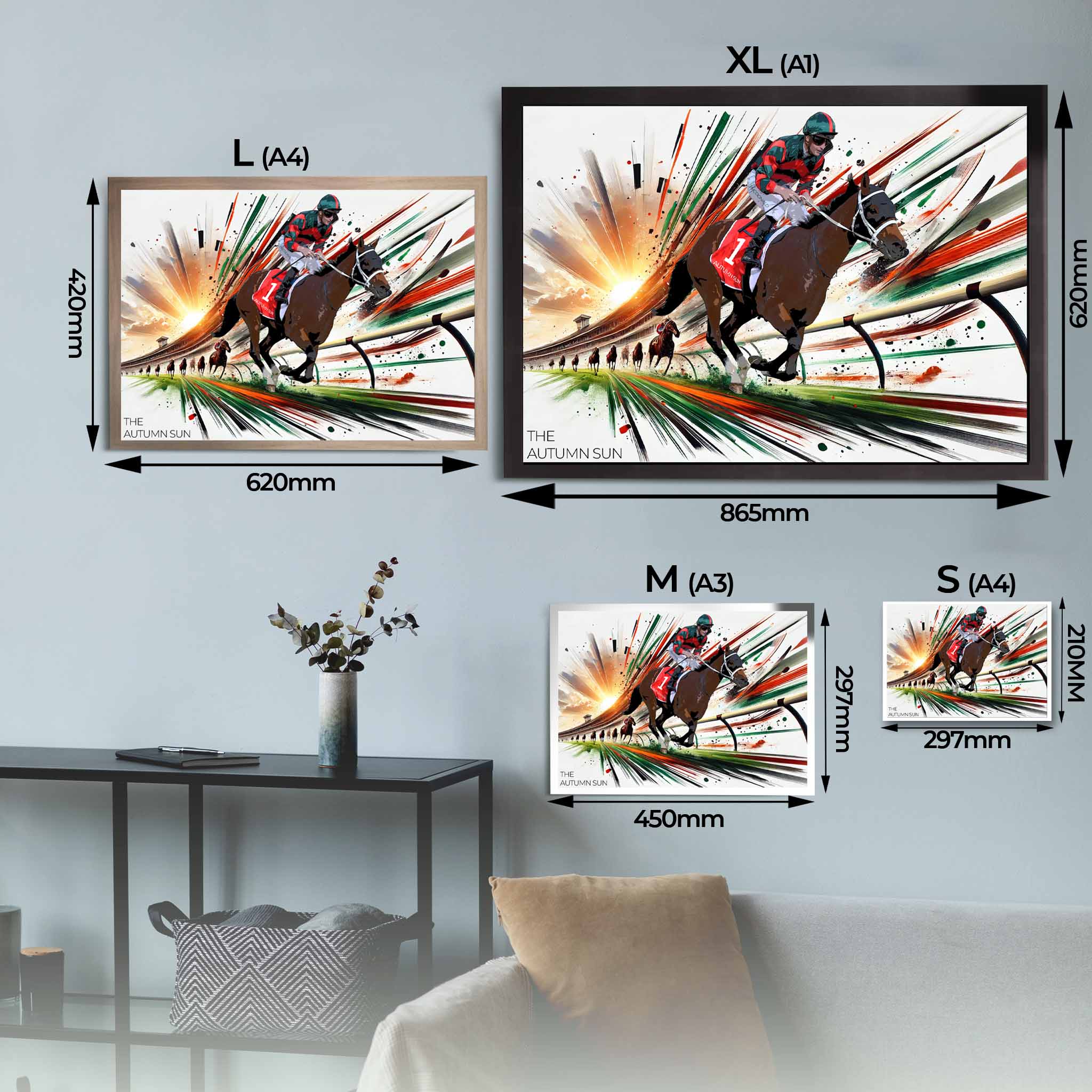 The Autumn Sun Horse Racing Framed Art Sizing Guide. 