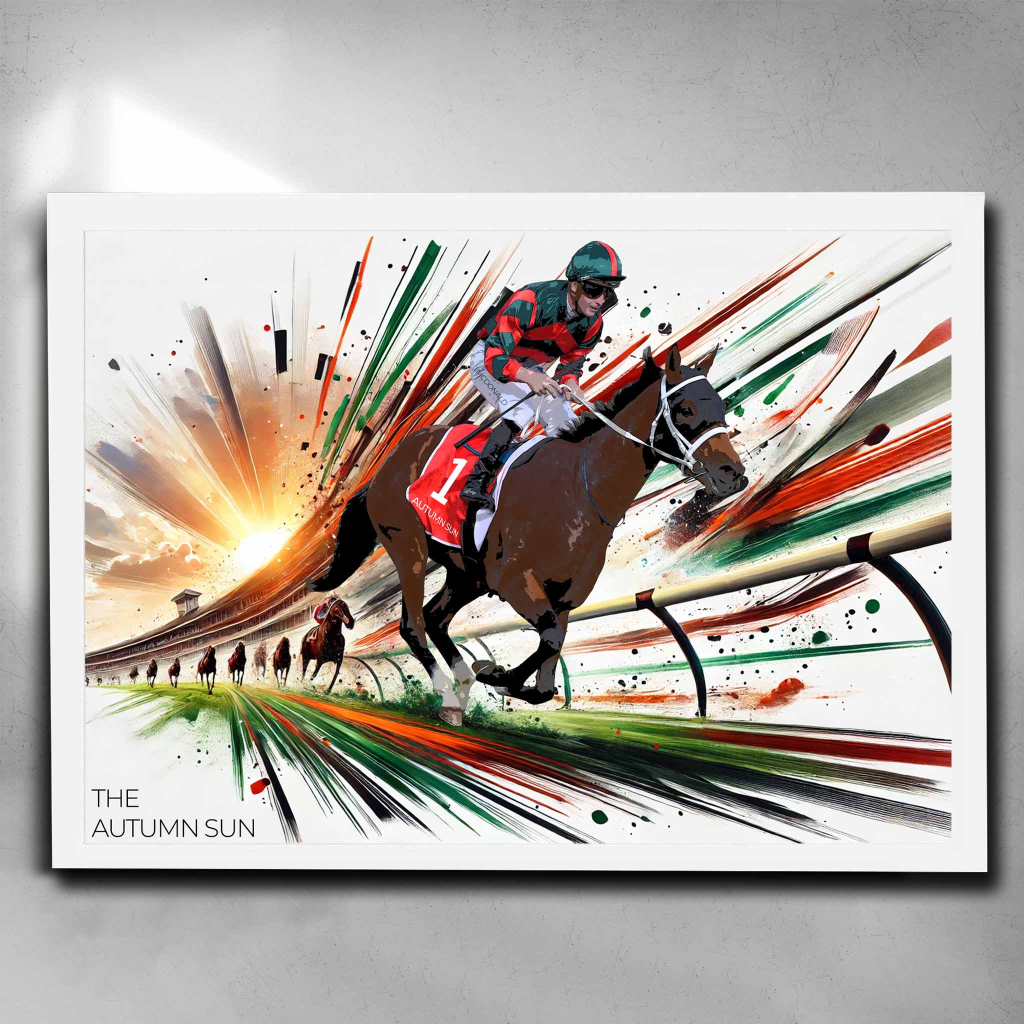 The Autumn Sun Horse Racing Poster - Elegant White Framed | Vibrant Man Cave Decor for Horse Racing Fans | Dynamic Horse Racing Art.