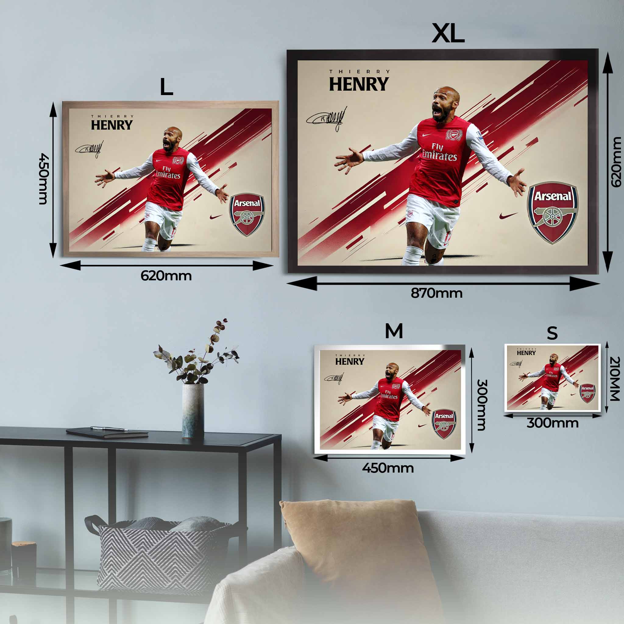 Thierry Henry Arsenal wall art size comparison – XL, L, M, S framed football posters by Sports Cave.