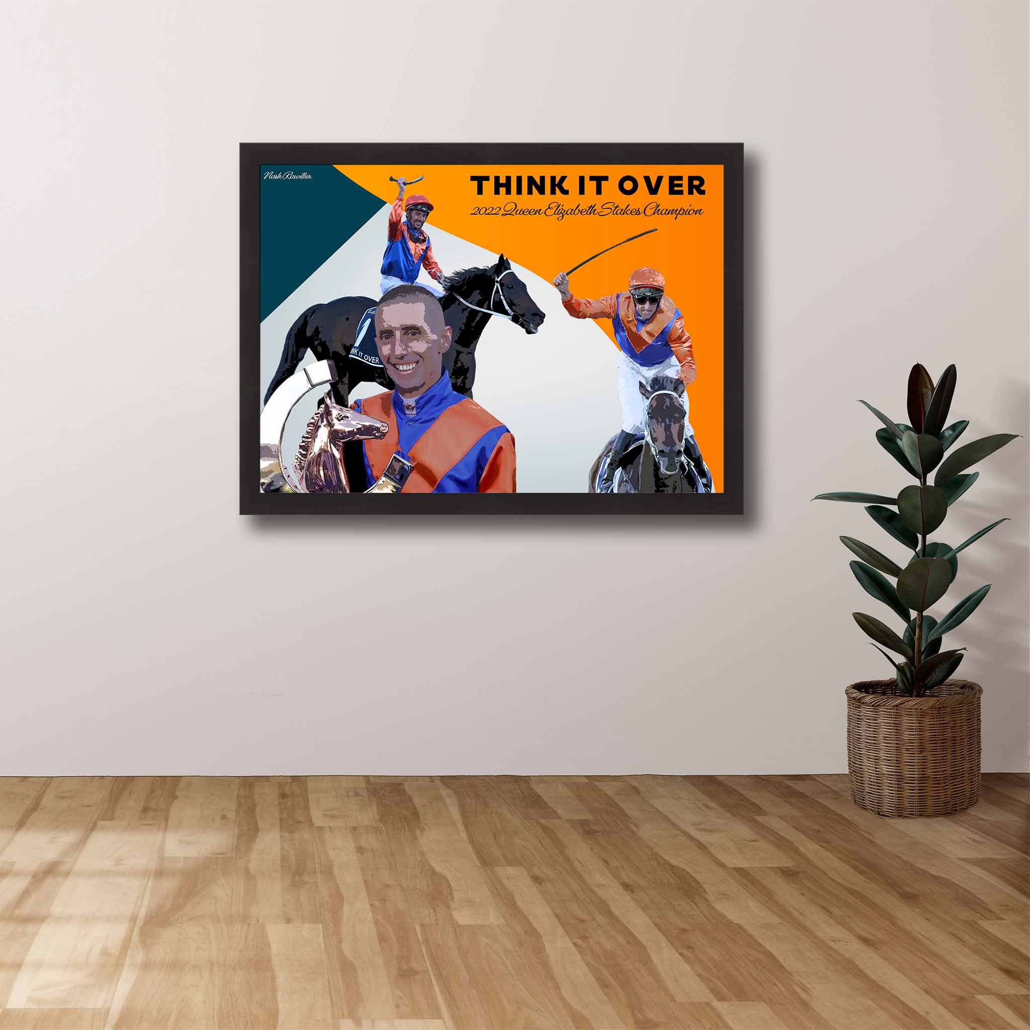 Devoted horse racing fan's tribute: Think it Over framed art proudly displayed on the wall.