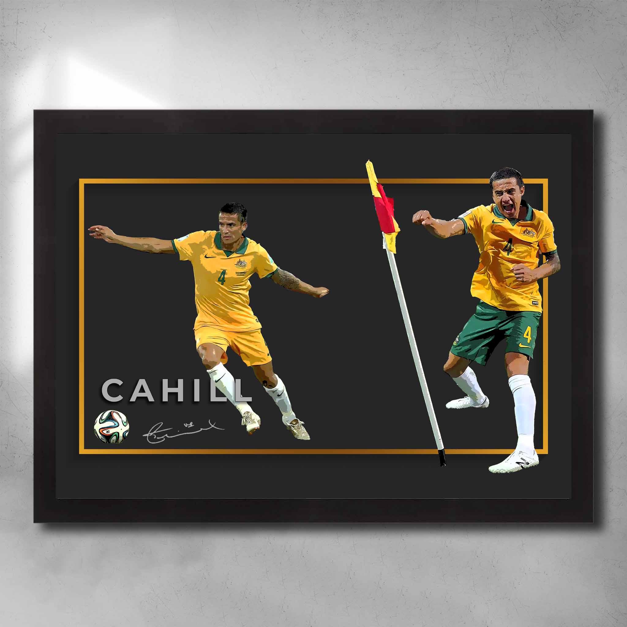 Black framed soccer art by Sports Cave, featuring Socceroo's legend Tim Cahill.