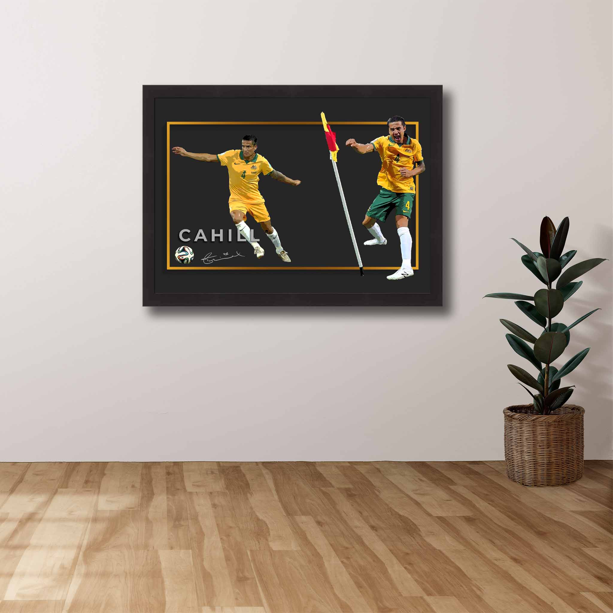 Devoted Socceroo's fan's tribute: Tim Cahill framed art proudly displayed on the wall.