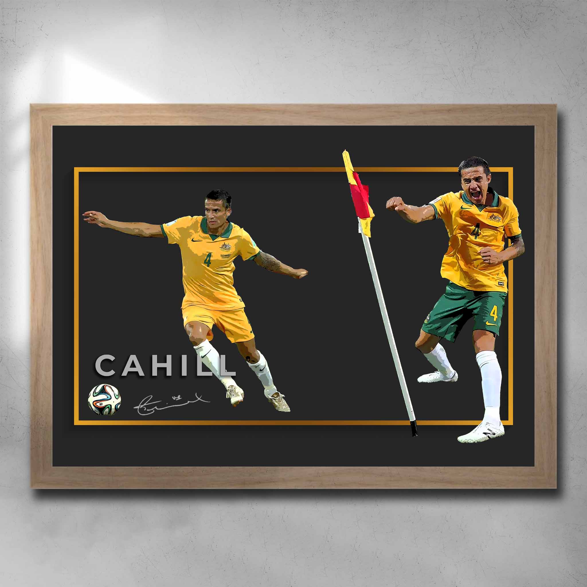 Oak framed soccer art by Sports Cave, featuring Socceroo's legend Tim Cahill.