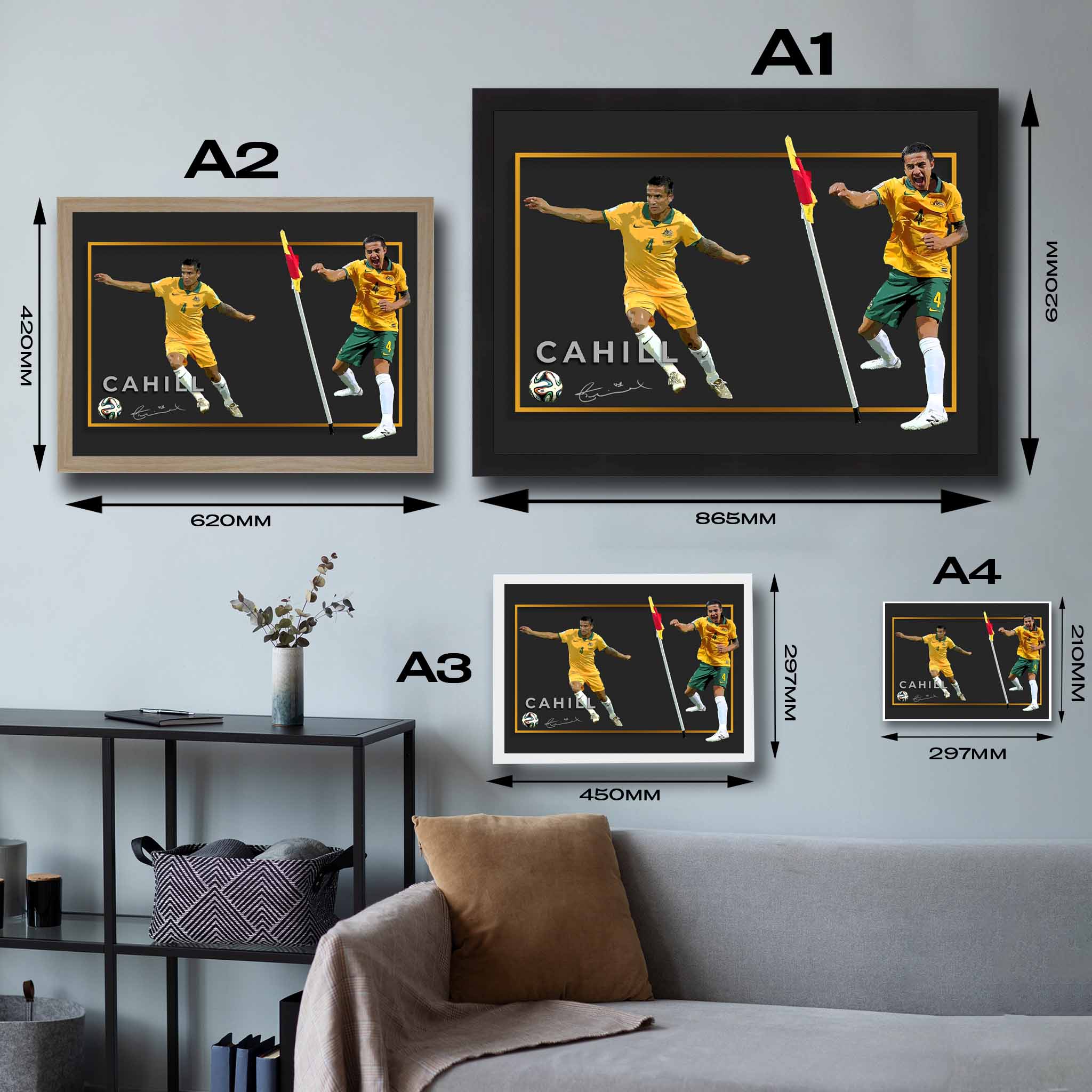 Visual representation of Tim Cahill framed art size options, ranging from A4 to A2, for selecting the right size for your space.