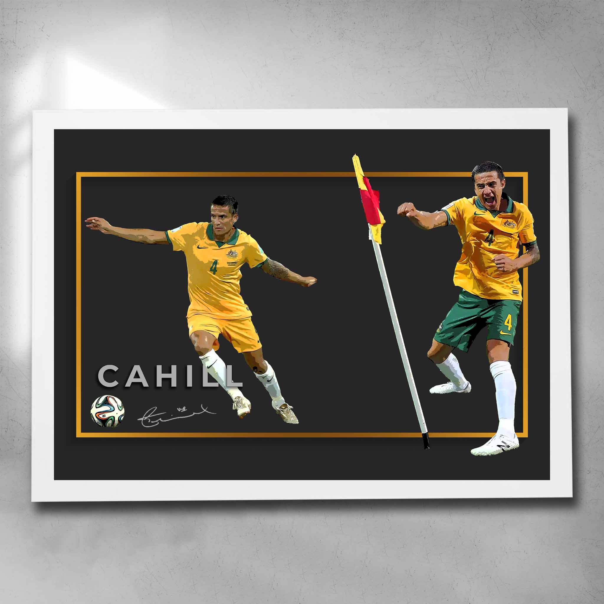 White framed soccer art by Sports Cave, featuring Socceroo's legend Tim Cahill.